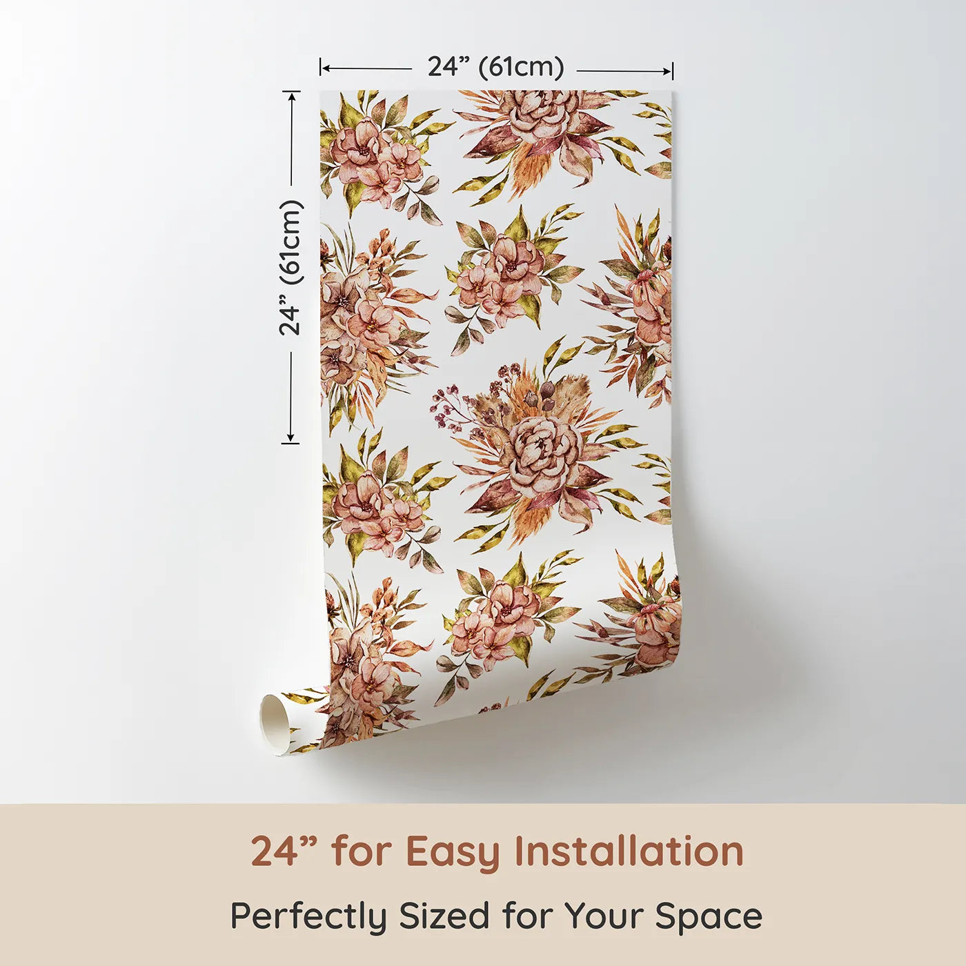 Dimension view of Whimsy Tots Autumn Bloom Harmony Wallpaper in White (W3364A). Printed in 24-inch-wide panel for easy installation. Watercolor florals blossom in soft autumn tones across crisp white skies.