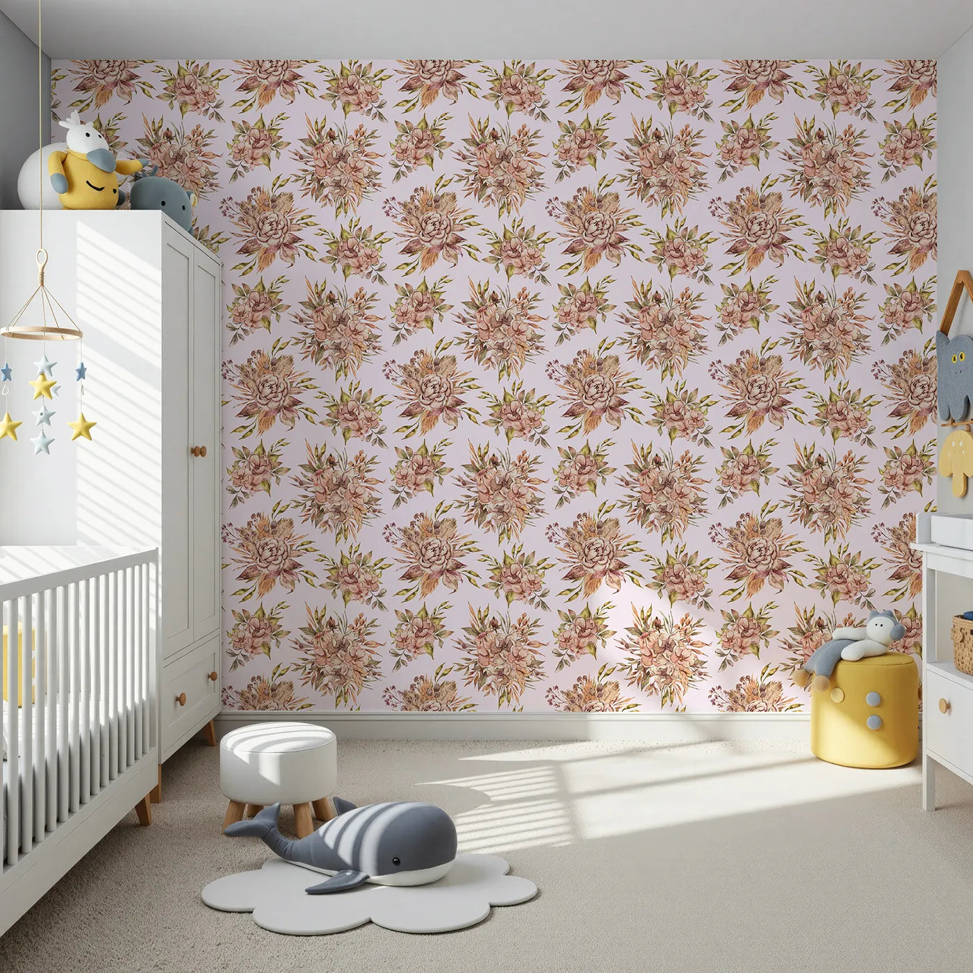 Front view of Whimsy Tots' Autumn Bloom Harmony Wallpaper in Blush Pink