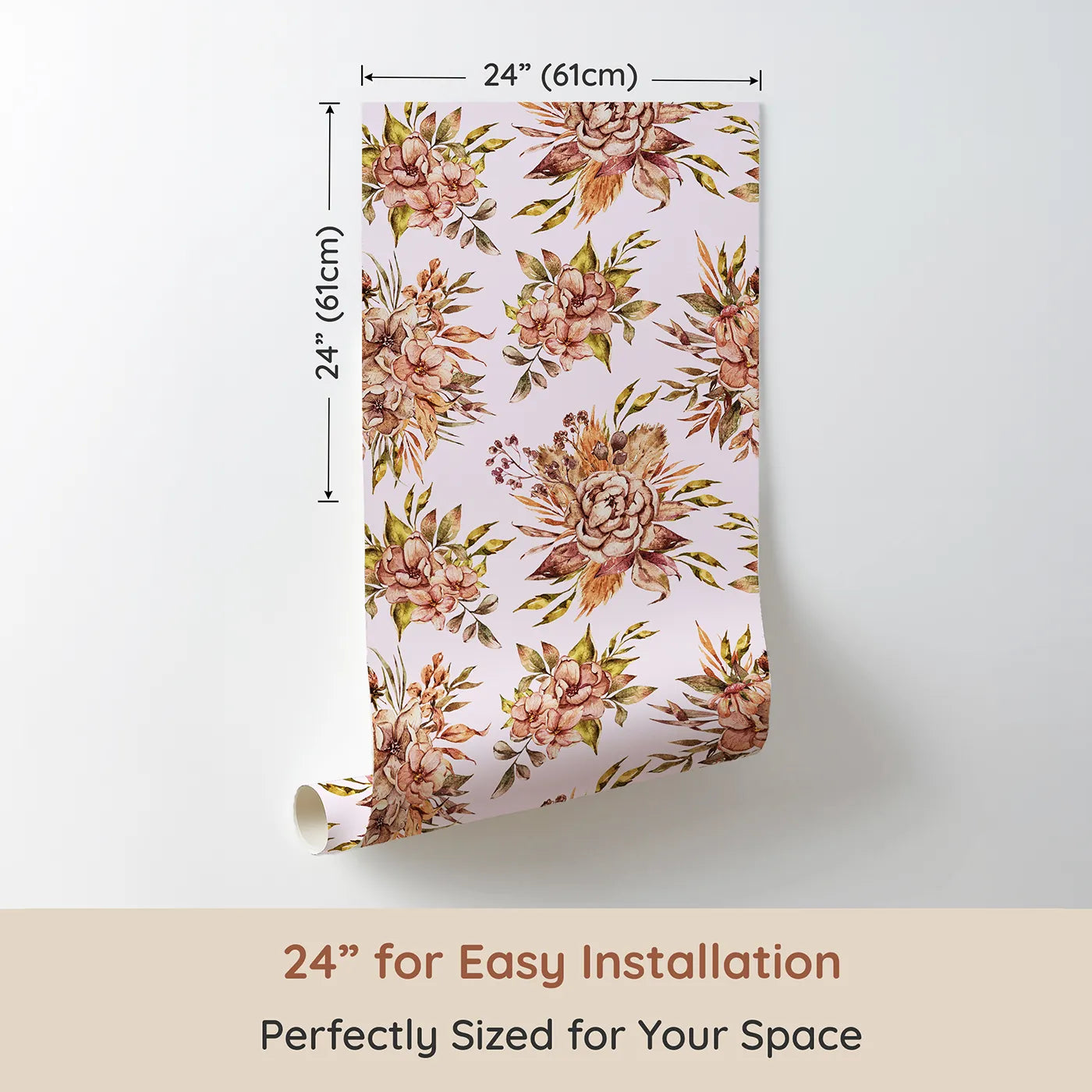 Dimension view of Whimsy Tots Autumn Bloom Harmony Wallpaper in Blush Pink (W3364B). Printed in 24-inch-wide panel for easy installation. Dusty rose florals bloom gently on a soft pink sky.