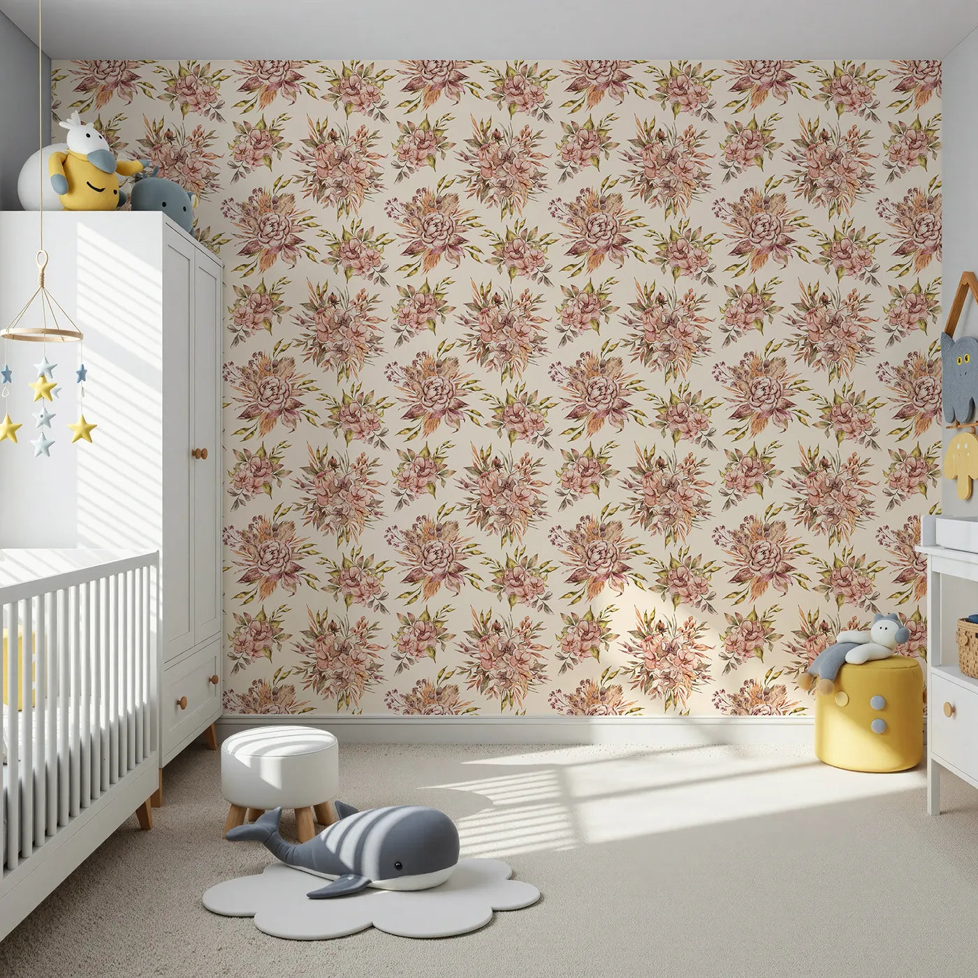 Front view of Whimsy Tots' Autumn Bloom Harmony Wallpaper in Cream