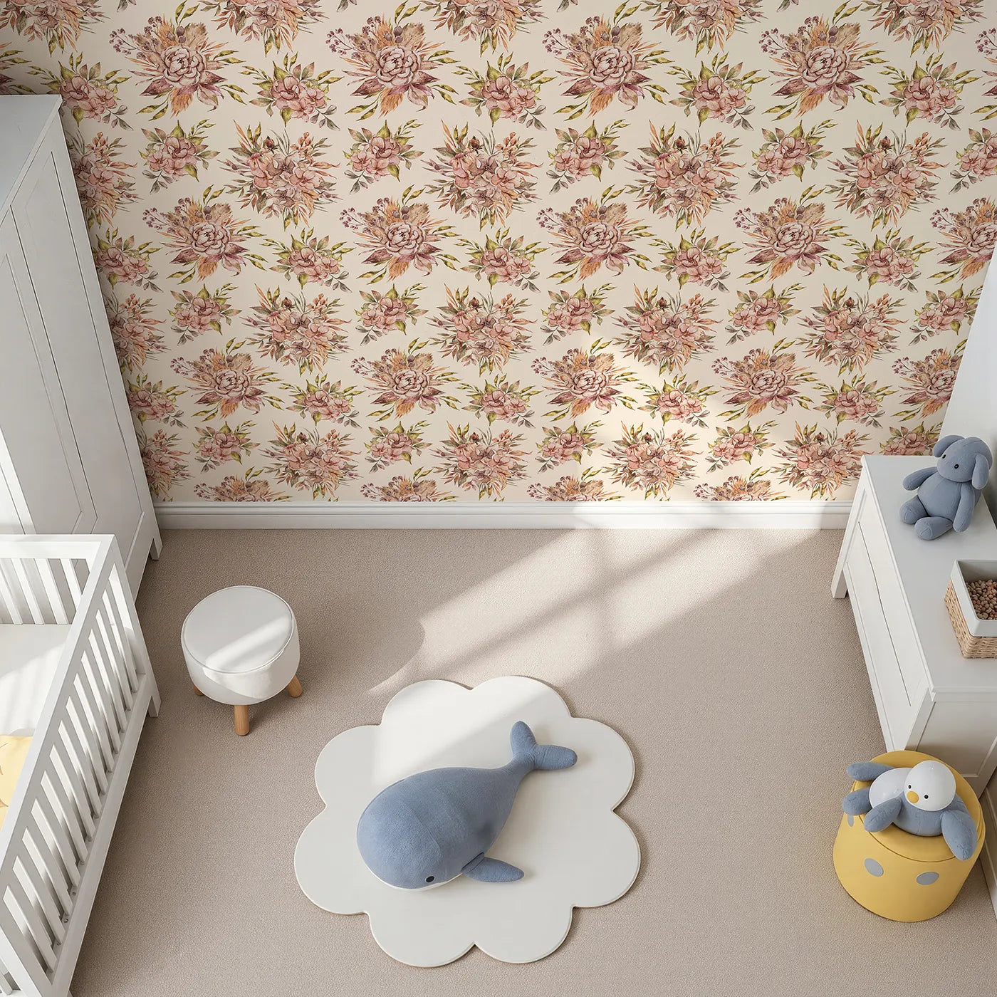 Top-Down view of Whimsy Tots' Autumn Bloom Harmony Wallpaper in Cream (W3364C).Fall-hued blooms blossom across a gentle cream sky.