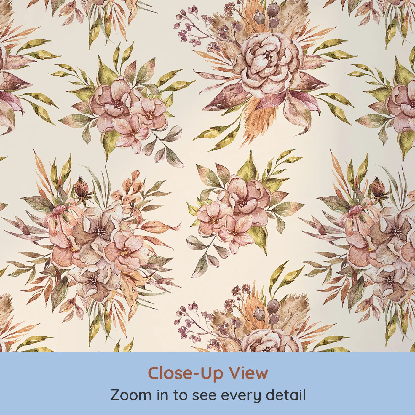 Close-up view of Whimsy Tots' Autumn Bloom Harmony Wallpaper in Cream (W3364C).Fall-hued blooms blossom across a gentle cream sky.
