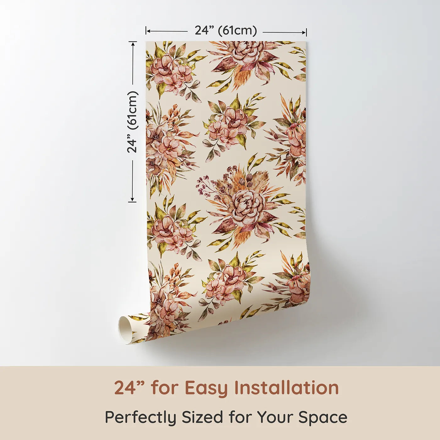 Dimension view of Whimsy Tots Autumn Bloom Harmony Wallpaper in Cream (W3364C). Printed in 24-inch-wide panel for easy installation. Fall-hued blooms blossom across a gentle cream sky.