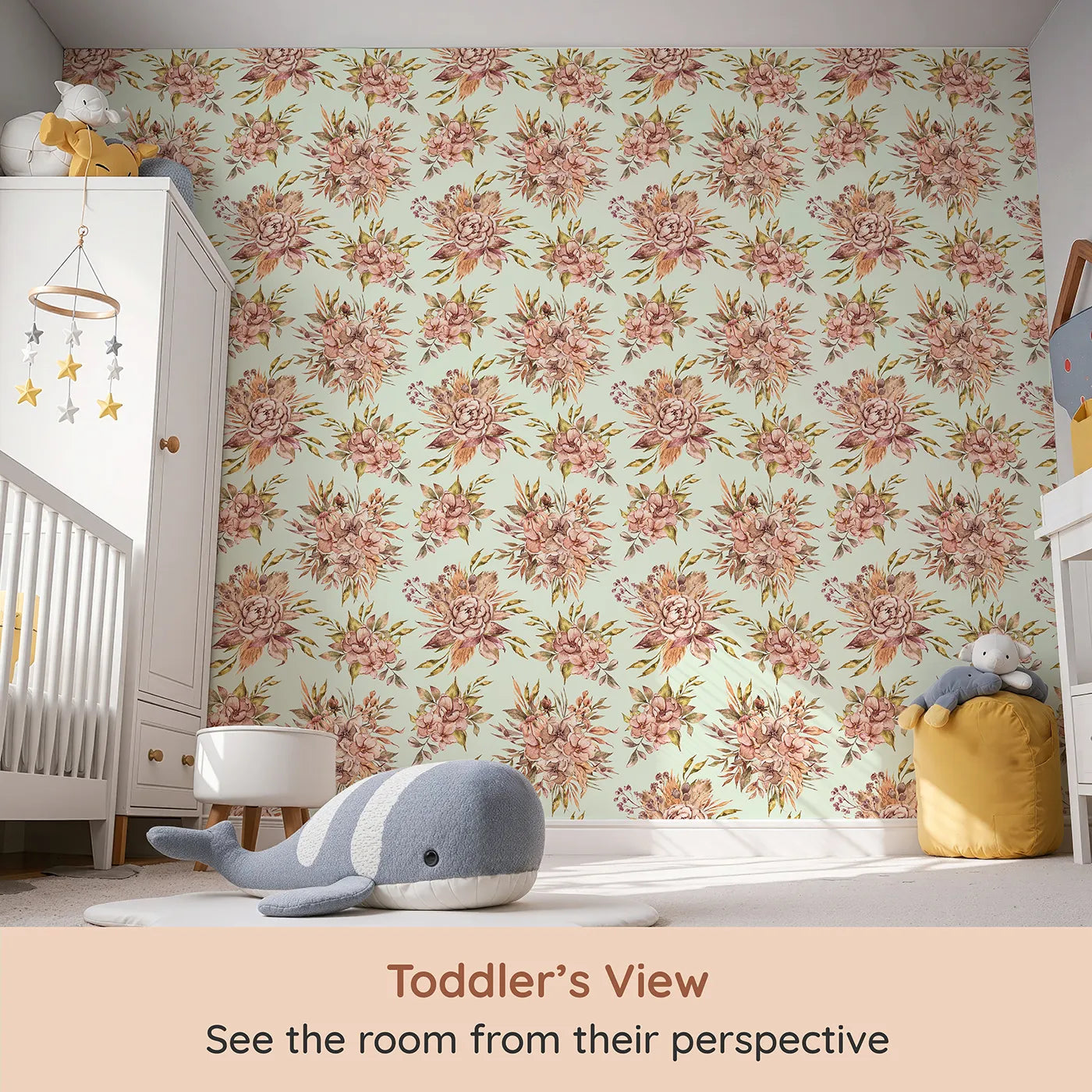 Whimsy Tots Autumn Bloom Harmony Wallpaper in Mint Green (W3364D) from your child's view.Warm watercolor blooms rest gently on a minty breeze.