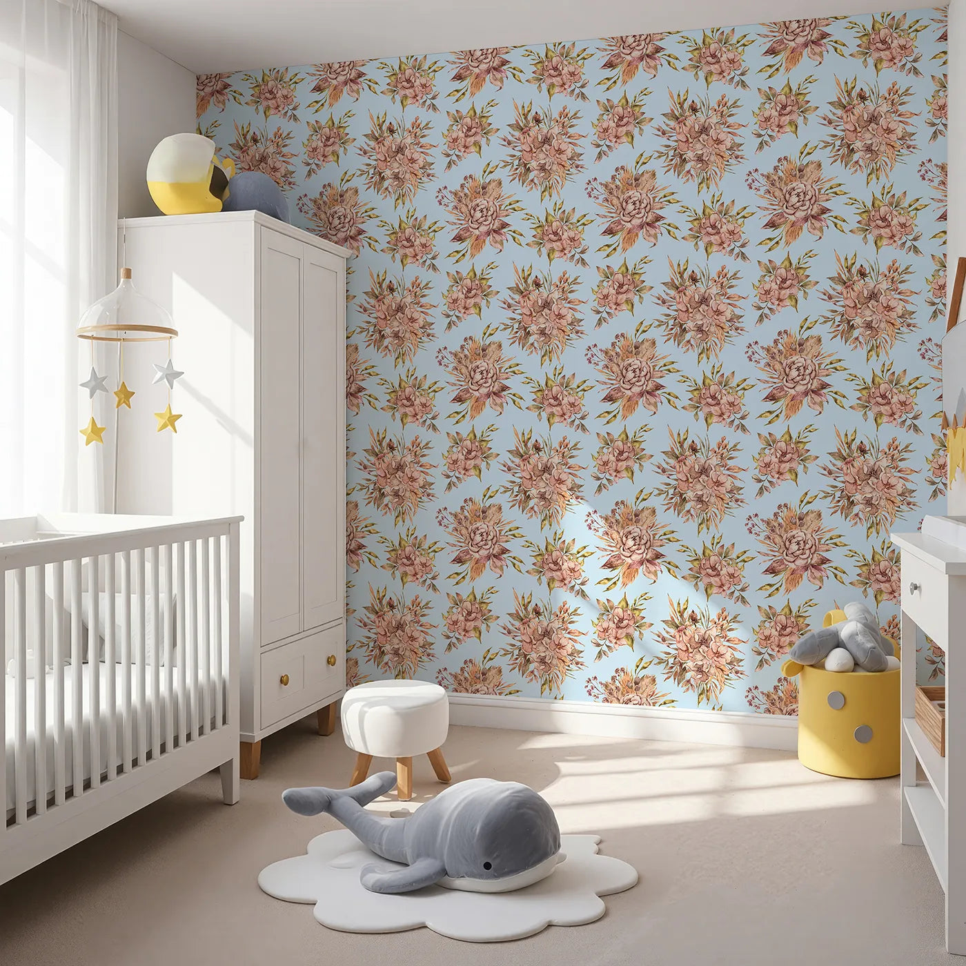 Angled view of Whimsy Tots' Autumn Bloom Harmony Wallpaper in Sky (W3364E).Watercolor blooms float softly across pale blue skies.