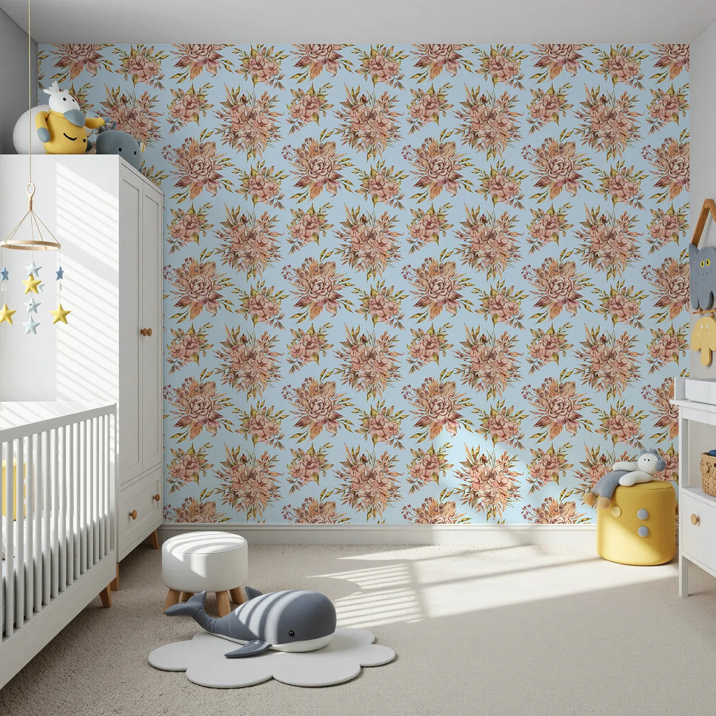Front view of Whimsy Tots' Autumn Bloom Harmony Wallpaper in Sky