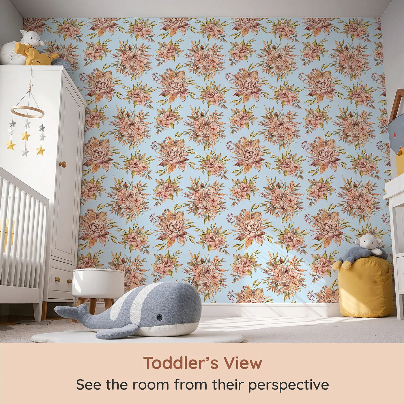 Whimsy Tots Autumn Bloom Harmony Wallpaper in Sky (W3364E) from your child's view.Watercolor blooms float softly across pale blue skies.