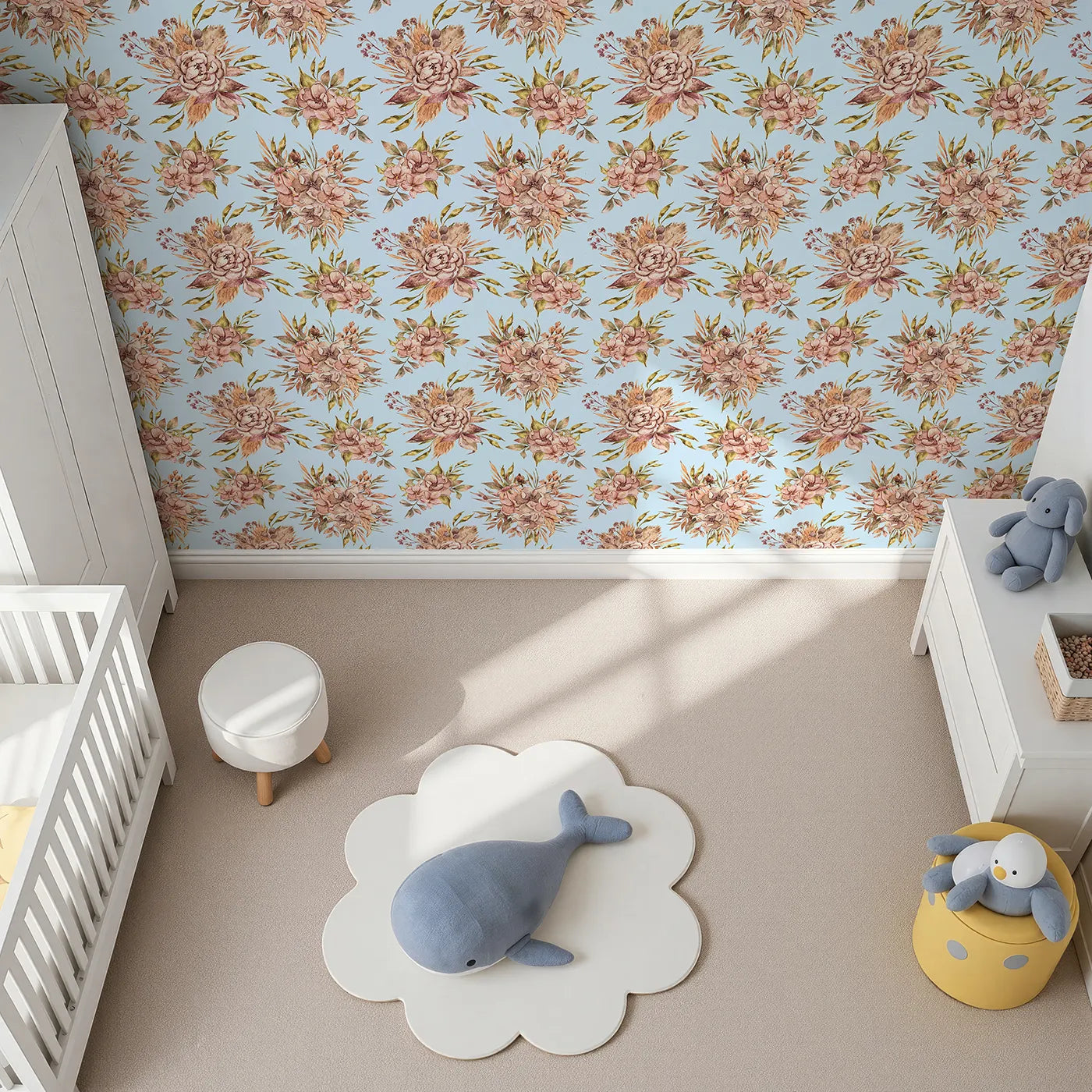 Top-Down view of Whimsy Tots' Autumn Bloom Harmony Wallpaper in Sky (W3364E).Watercolor blooms float softly across pale blue skies.