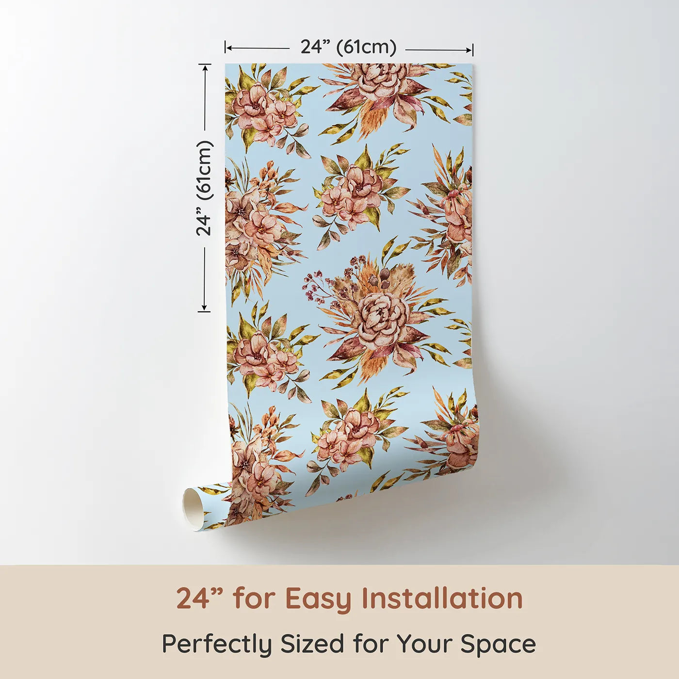 Dimension view of Whimsy Tots Autumn Bloom Harmony Wallpaper in Sky (W3364E). Printed in 24-inch-wide panel for easy installation. Watercolor blooms float softly across pale blue skies.