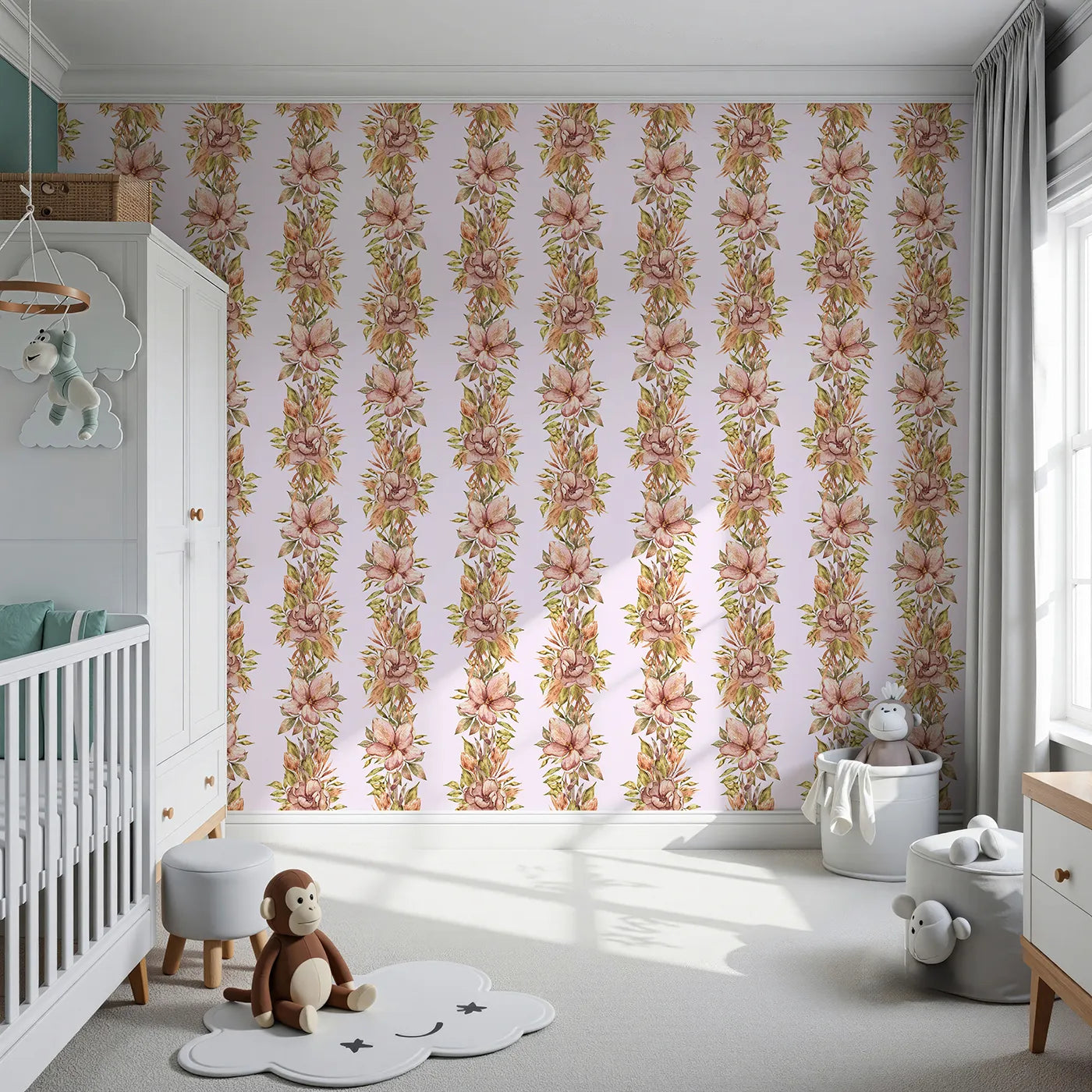 Front view of Whimsy Tots' Vintage Garden Climb Wallpaper in Blush Pink