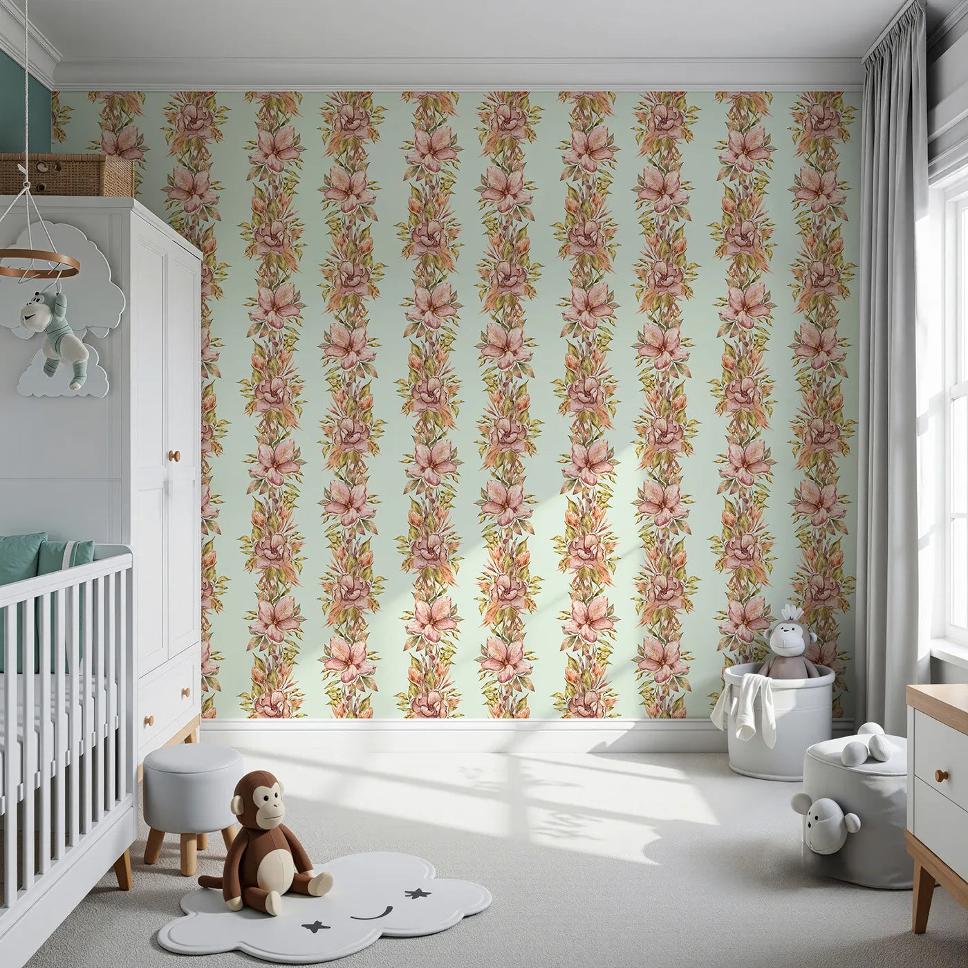 Front view of Whimsy Tots' Vintage Garden Climb Wallpaper in Sage Green