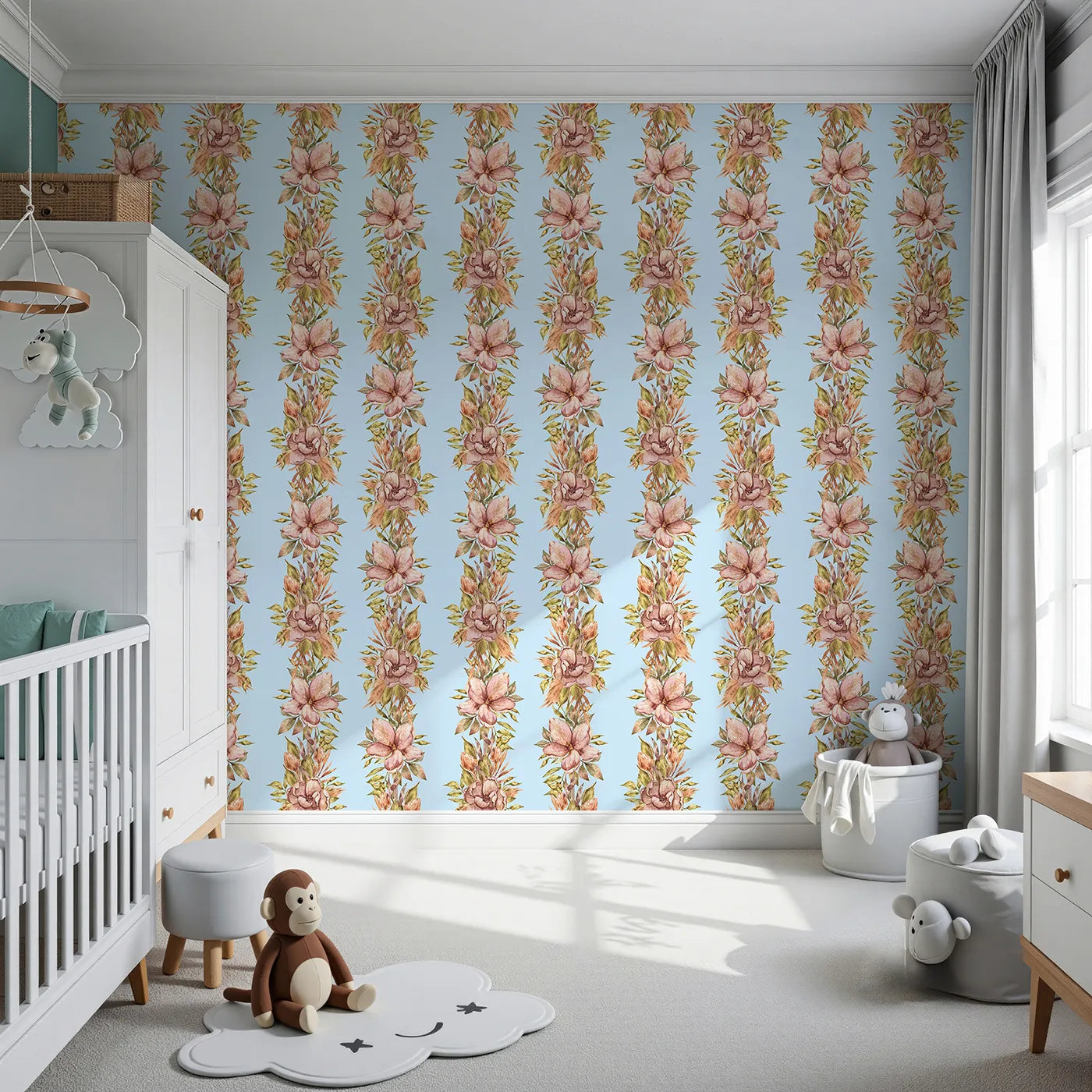 Front view of Whimsy Tots' Vintage Garden Climb Wallpaper in Blue