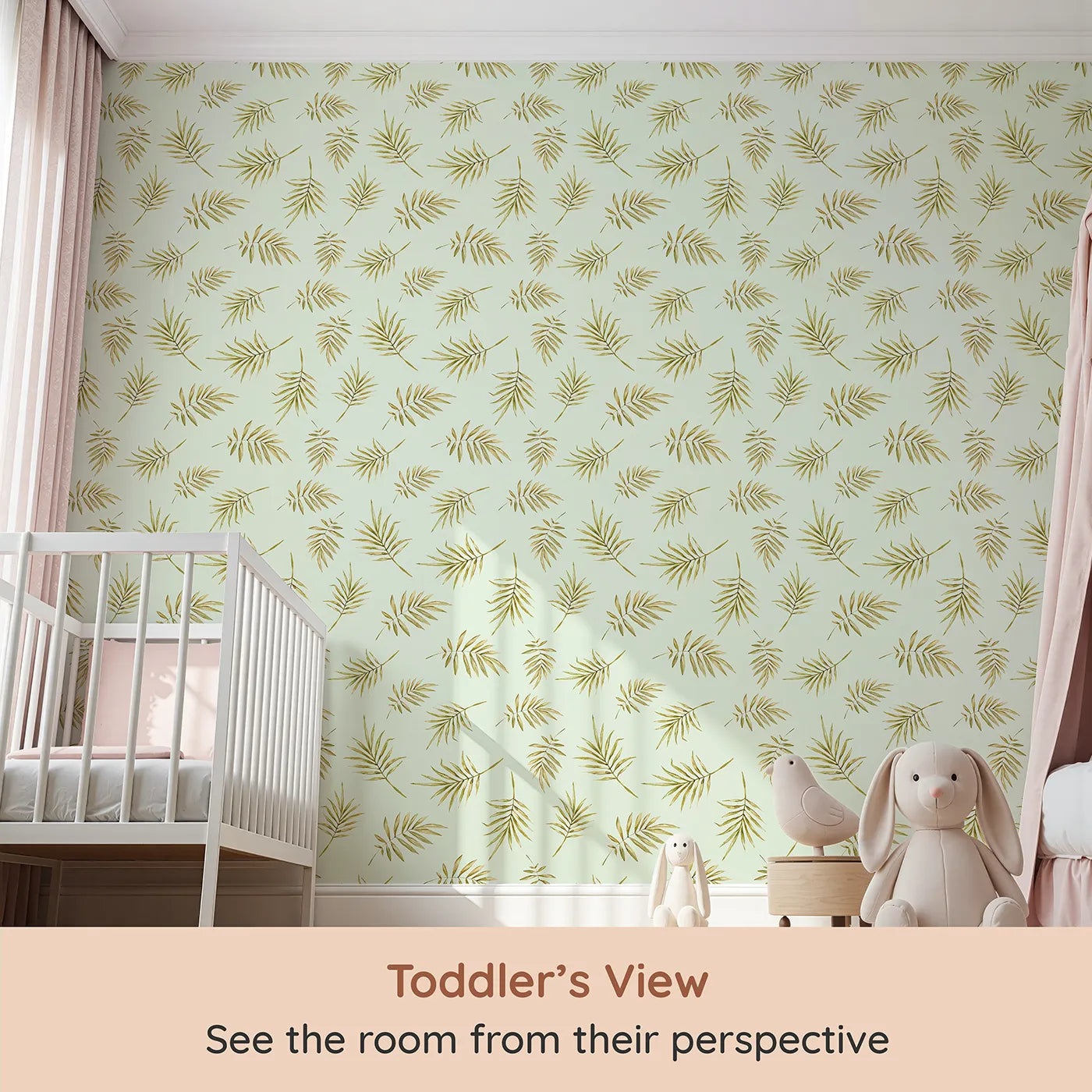 Whimsy Tots Gentle Palm Scatter Wallpaper in Sage Green (W3366D) from your child's view.Watercolor palm fronds flutter across a fresh sage sky.