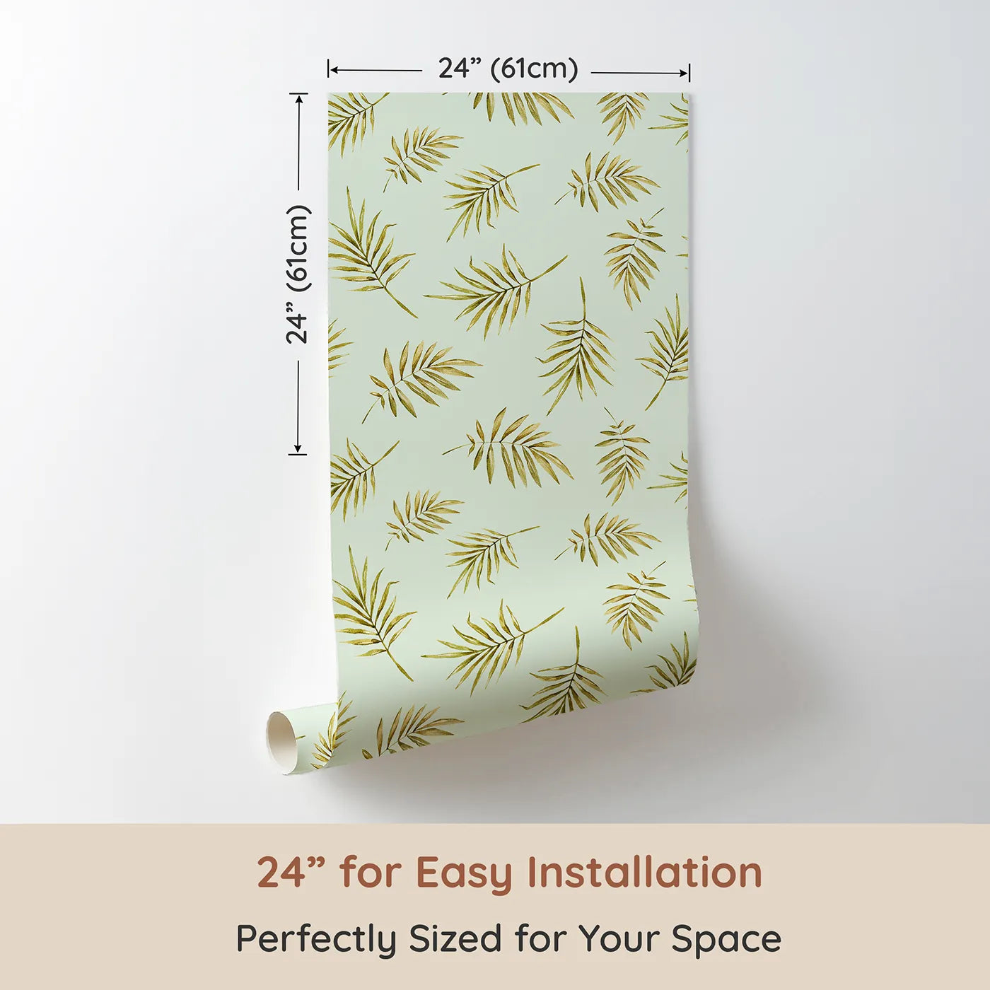 Dimension view of Whimsy Tots Gentle Palm Scatter Wallpaper in Sage Green (W3366D). Printed in 24-inch-wide panel for easy installation. Watercolor palm fronds flutter across a fresh sage sky.