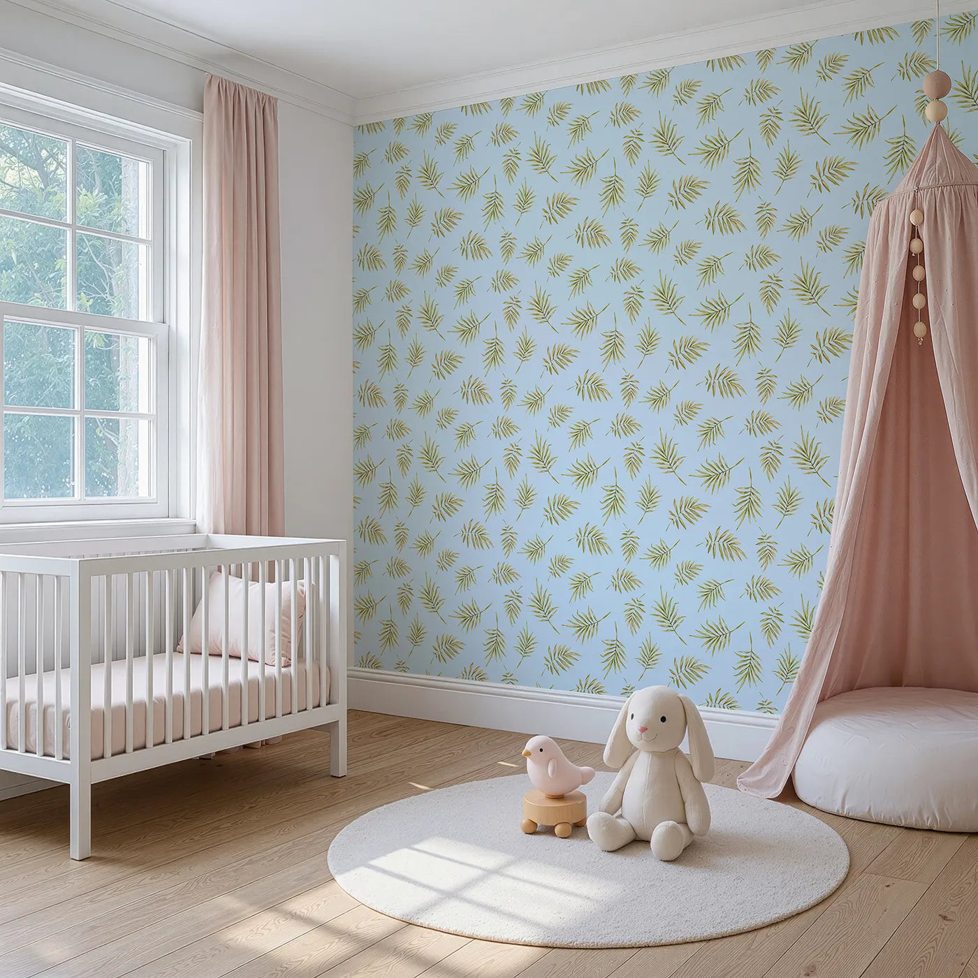 Angled view of Whimsy Tots' Gentle Palm Scatter Wallpaper in Blue (W3366E).Olive-green fronds drift across a peaceful blue sky.