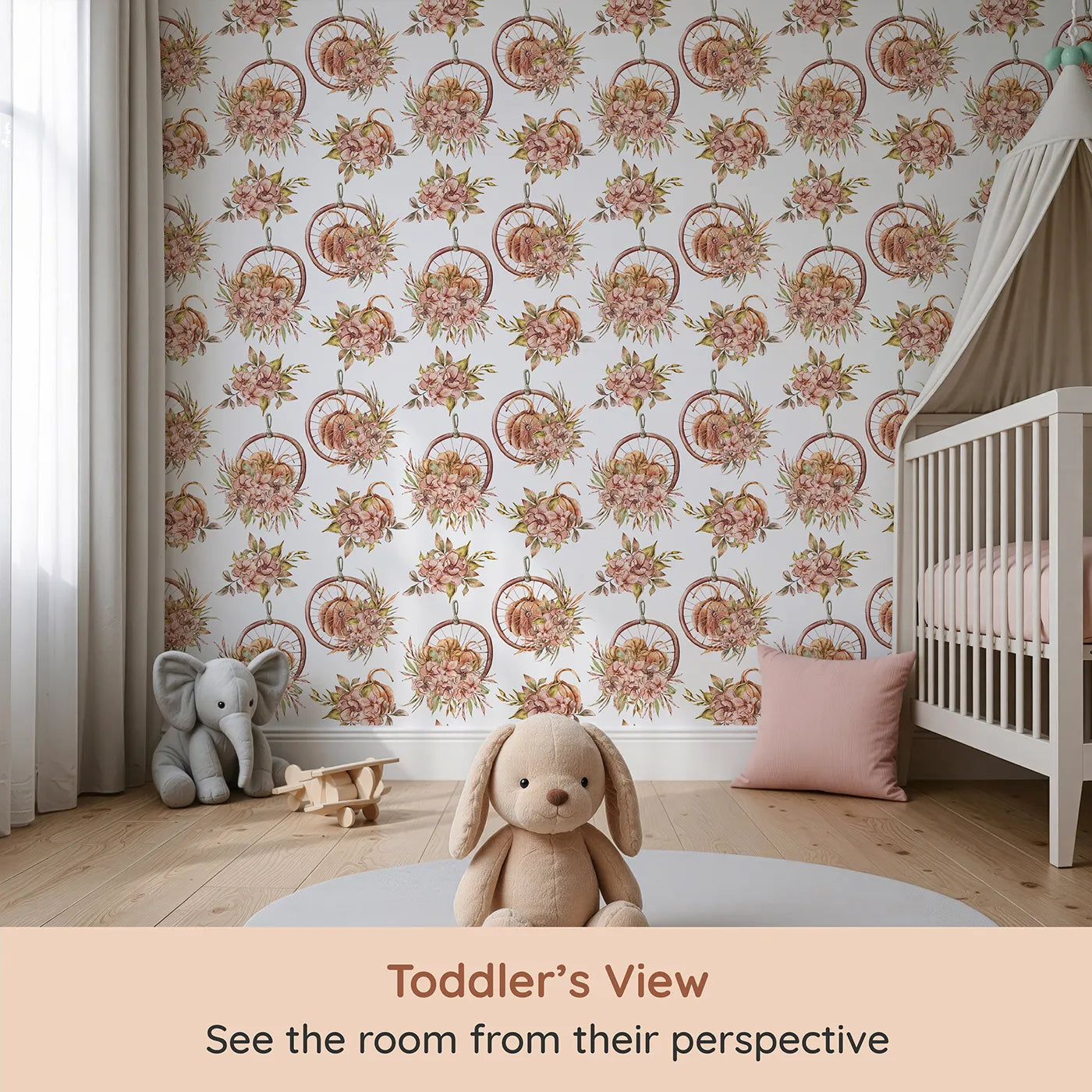 Whimsy Tots Harvest Bloom Hoop Wallpaper in White (W3367A) from your child's view.Pumpkins, florals, and hoops dance across crisp white skies.