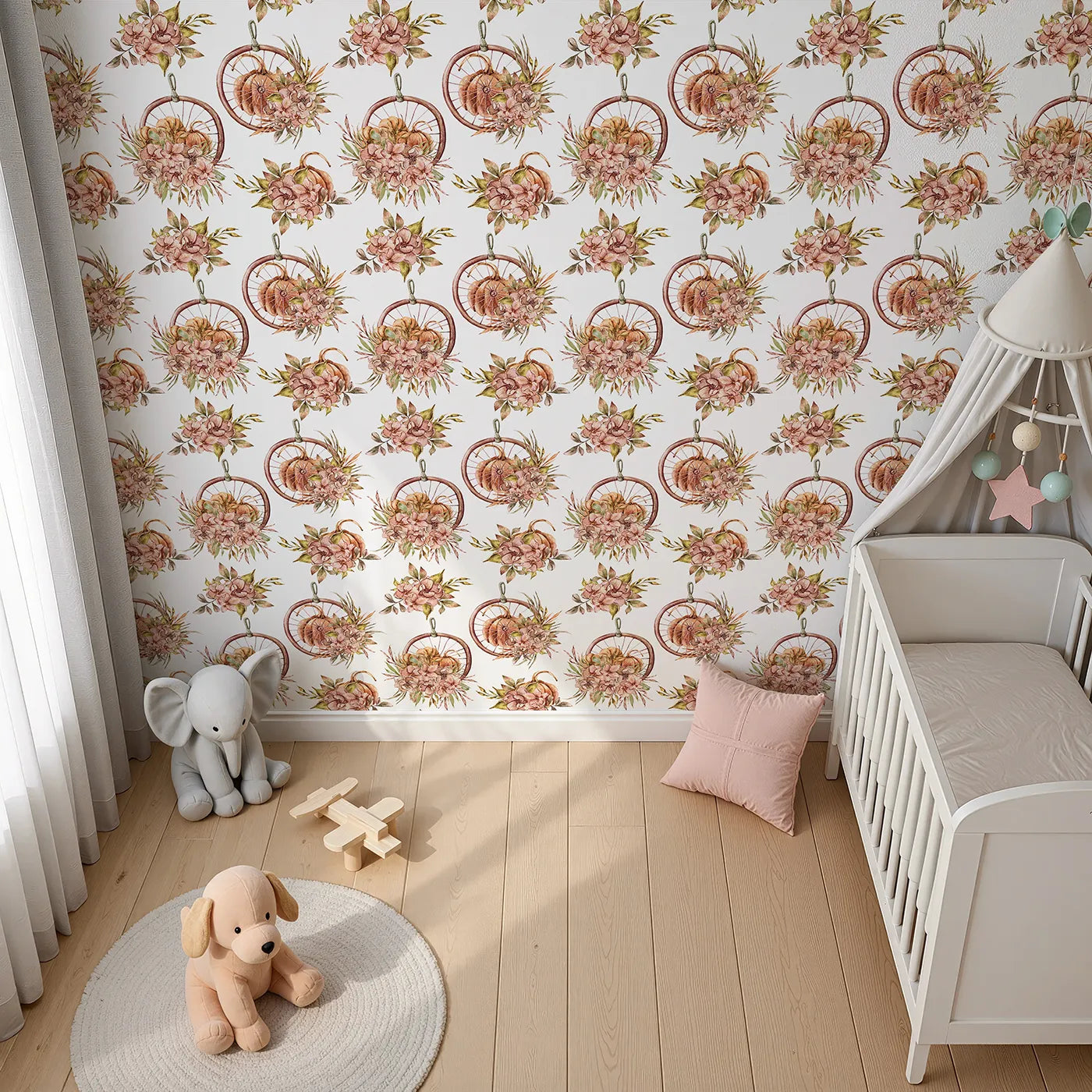 Top-Down view of Whimsy Tots' Harvest Bloom Hoop Wallpaper in White (W3367A).Pumpkins, florals, and hoops dance across crisp white skies.