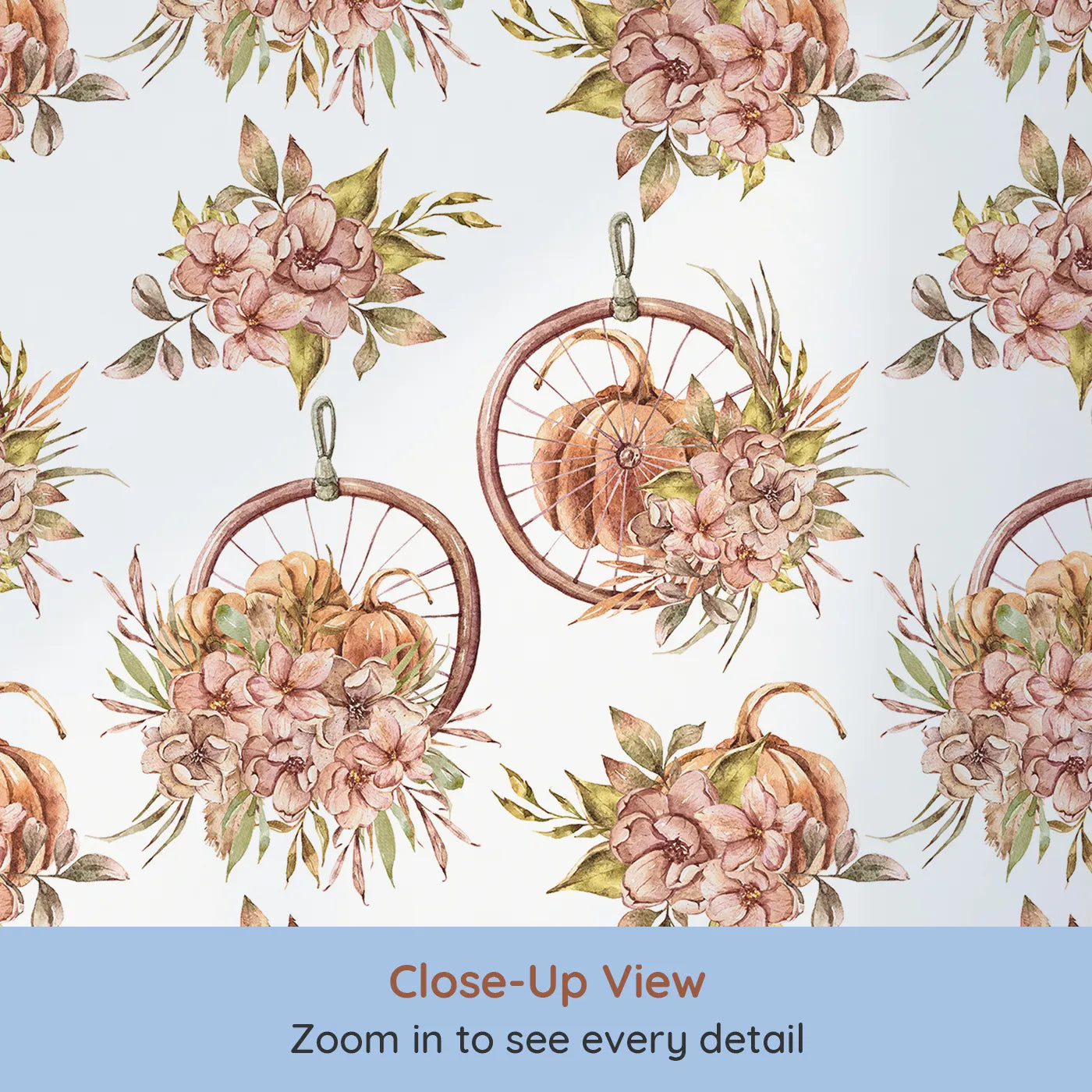 Close-up view of Whimsy Tots' Harvest Bloom Hoop Wallpaper in White (W3367A).Pumpkins, florals, and hoops dance across crisp white skies.