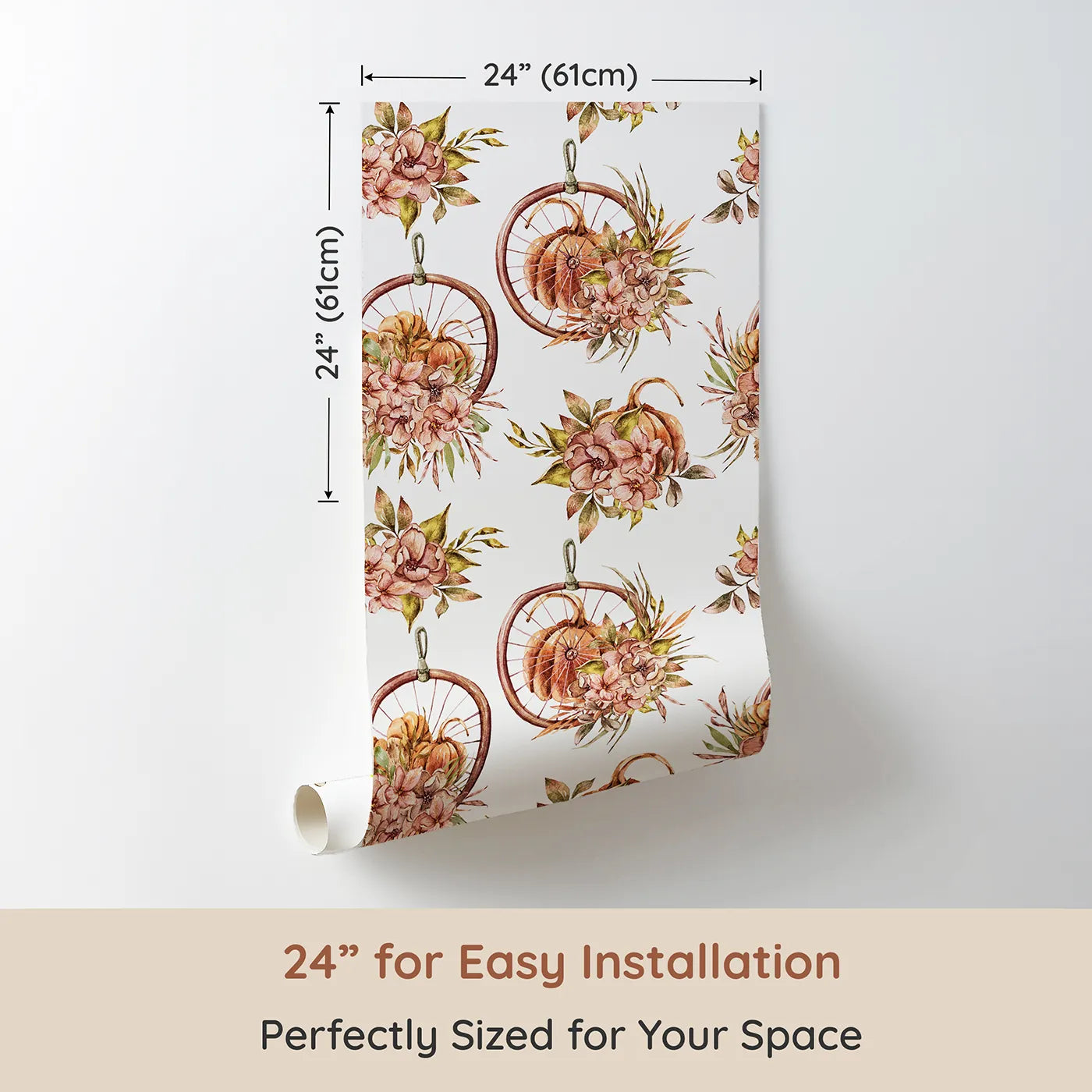 Dimension view of Whimsy Tots Harvest Bloom Hoop Wallpaper in White (W3367A). Printed in 24-inch-wide panel for easy installation. Pumpkins, florals, and hoops dance across crisp white skies.