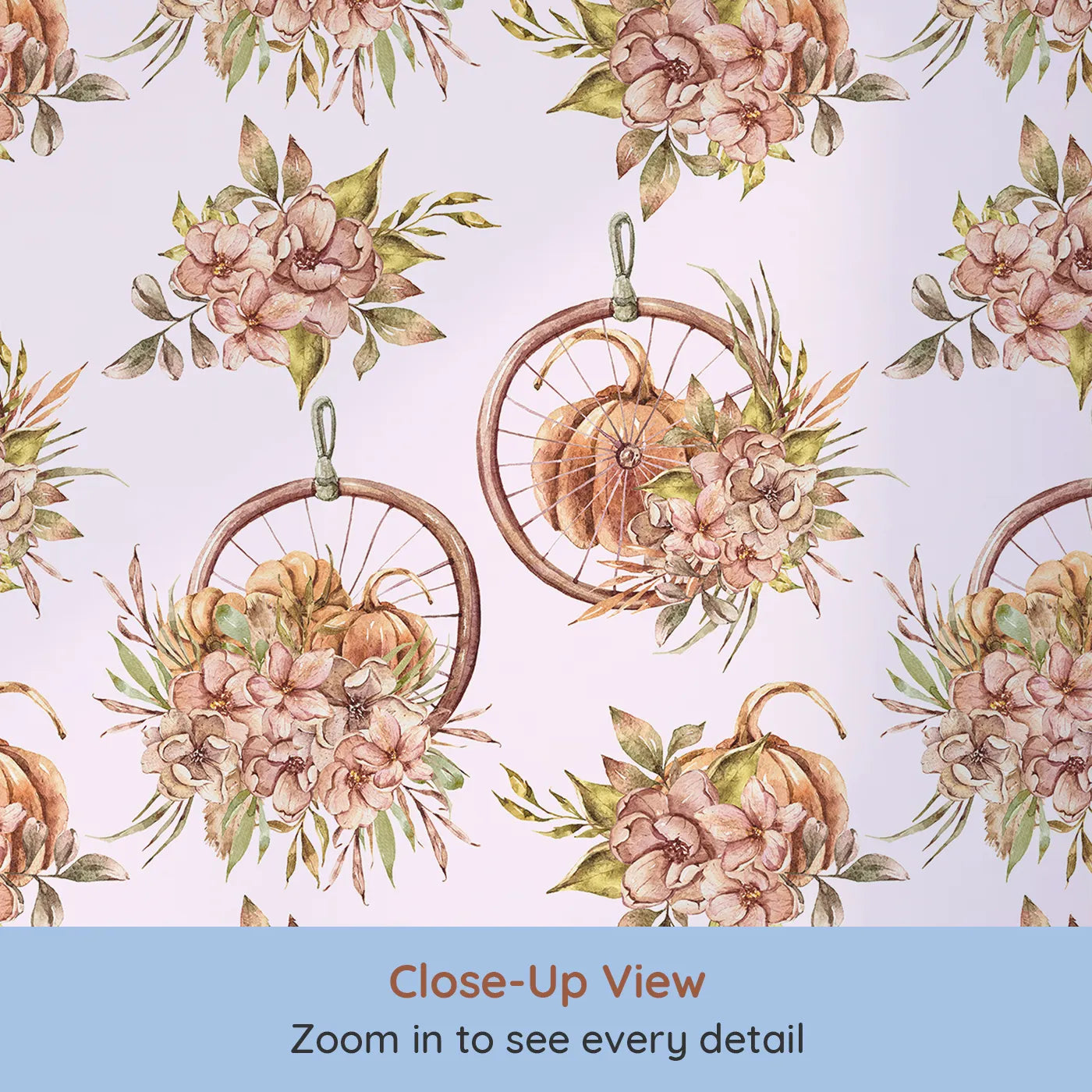Close-up view of Whimsy Tots' Harvest Bloom Hoop Wallpaper in Blush Pink (W3367B).Watercolor pumpkins and florals bloom against a blush pink sky.