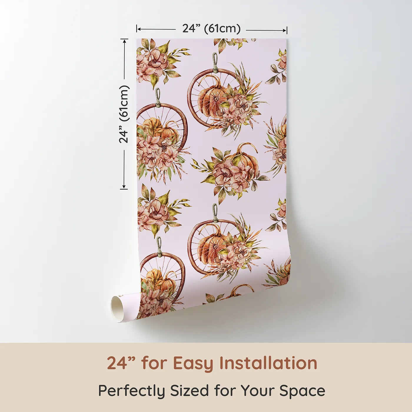 Dimension view of Whimsy Tots Harvest Bloom Hoop Wallpaper in Blush Pink (W3367B). Printed in 24-inch-wide panel for easy installation. Watercolor pumpkins and florals bloom against a blush pink sky.