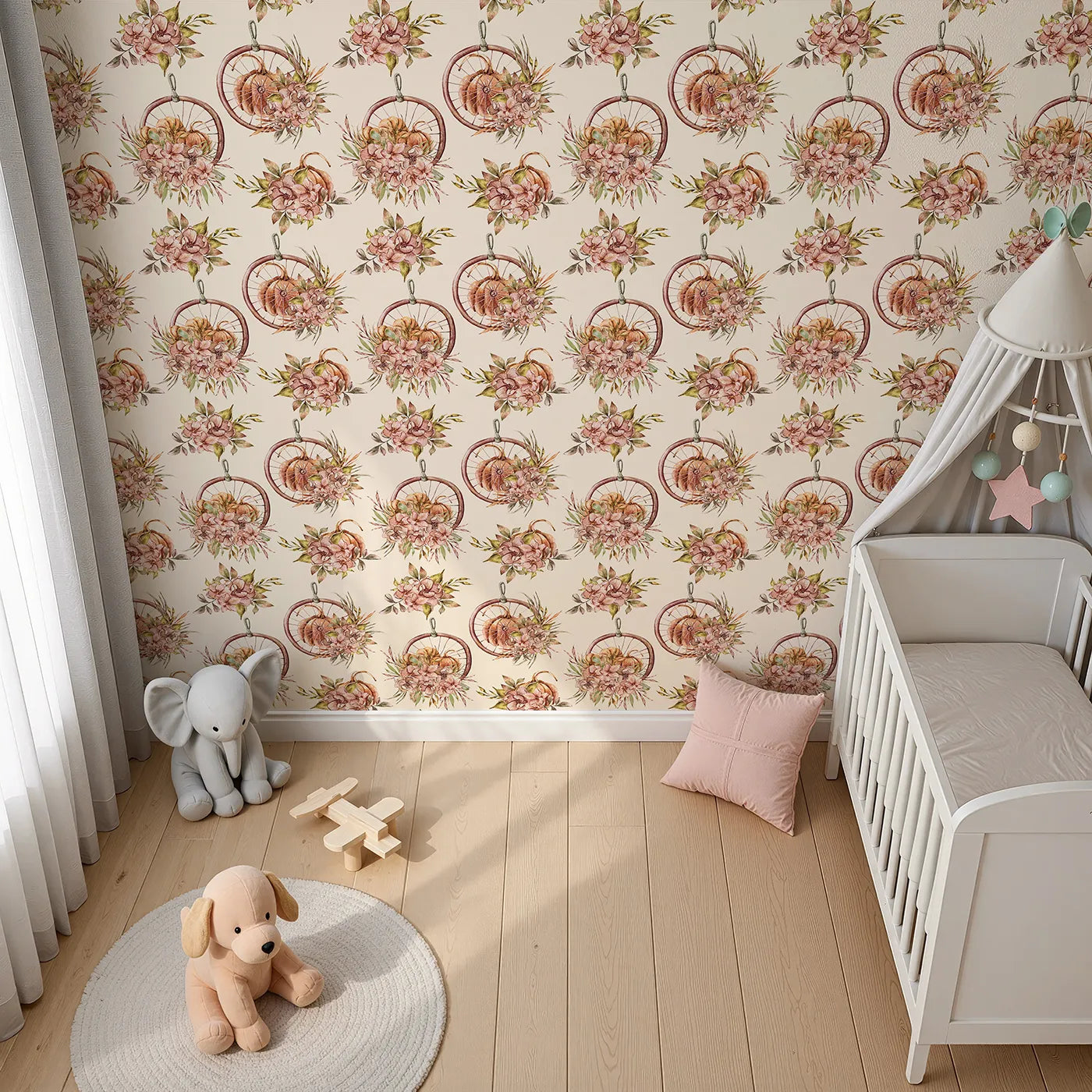 Top-Down view of Whimsy Tots' Harvest Bloom Hoop Wallpaper in Cream (W3367C).Pumpkins and florals bloom softly on a warm cream sky.