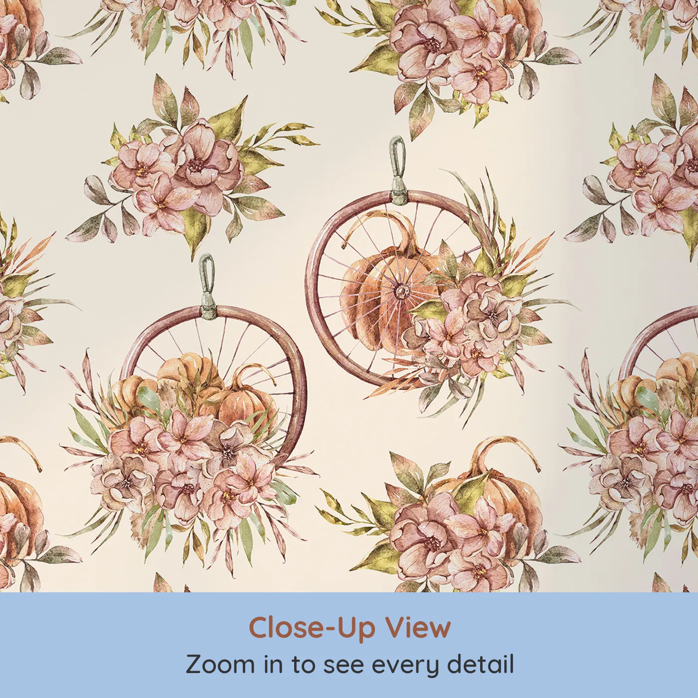 Close-up view of Whimsy Tots' Harvest Bloom Hoop Wallpaper in Cream (W3367C).Pumpkins and florals bloom softly on a warm cream sky.