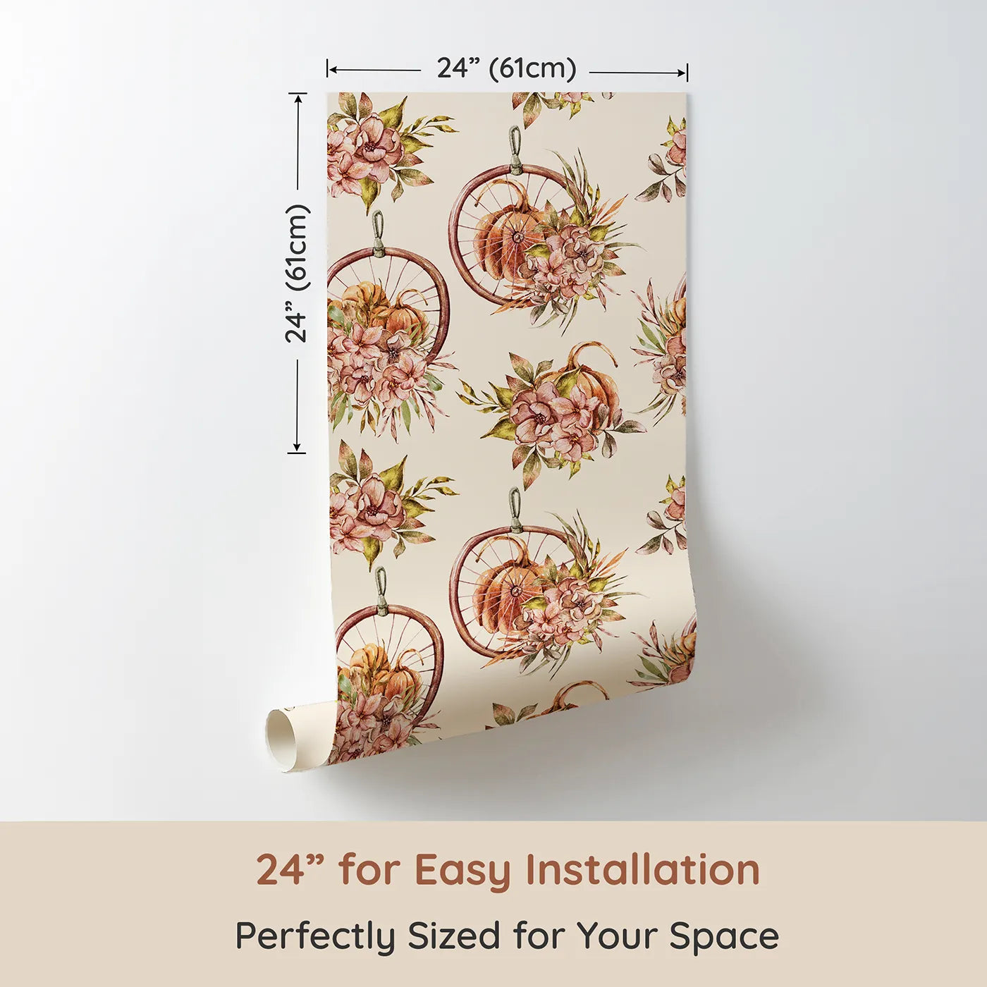 Dimension view of Whimsy Tots Harvest Bloom Hoop Wallpaper in Cream (W3367C). Printed in 24-inch-wide panel for easy installation. Pumpkins and florals bloom softly on a warm cream sky.