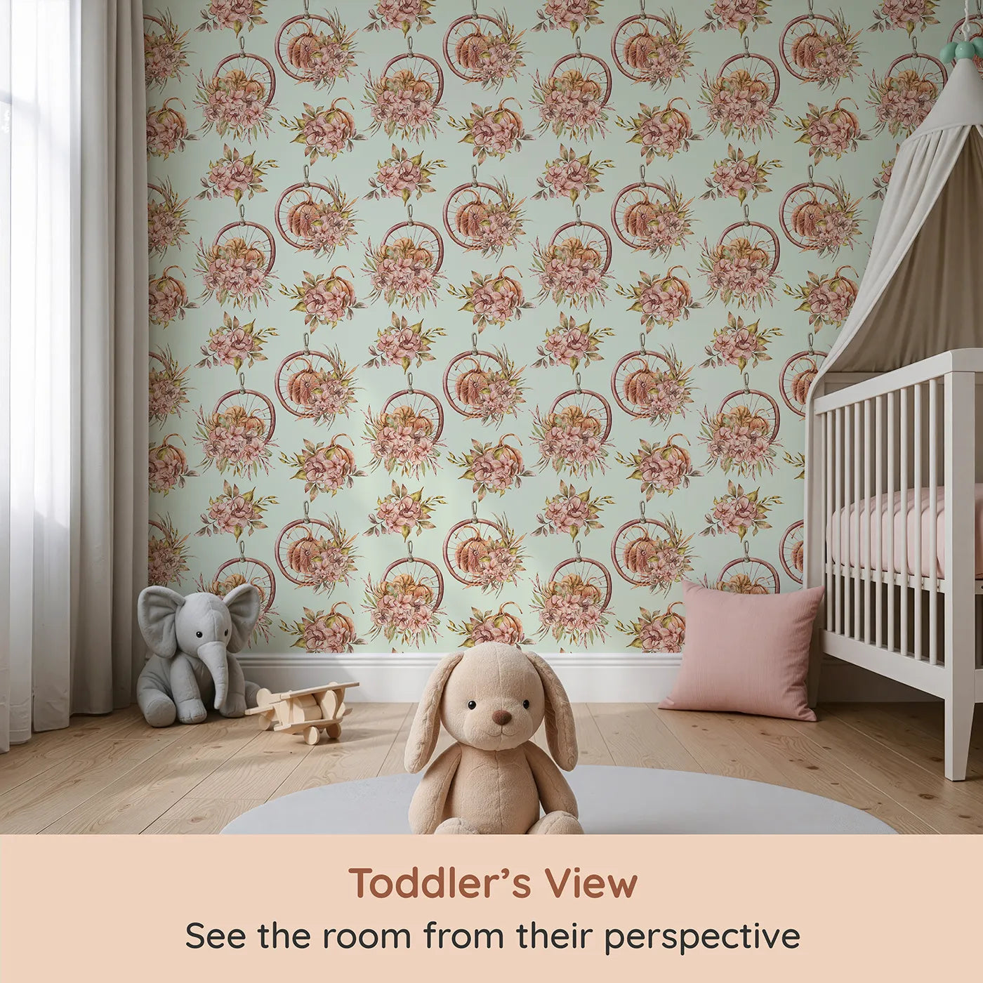 Whimsy Tots Harvest Bloom Hoop Wallpaper in Sage Green (W3367D) from your child's view.Pumpkins and blooms drift across a fresh sage green sky.
