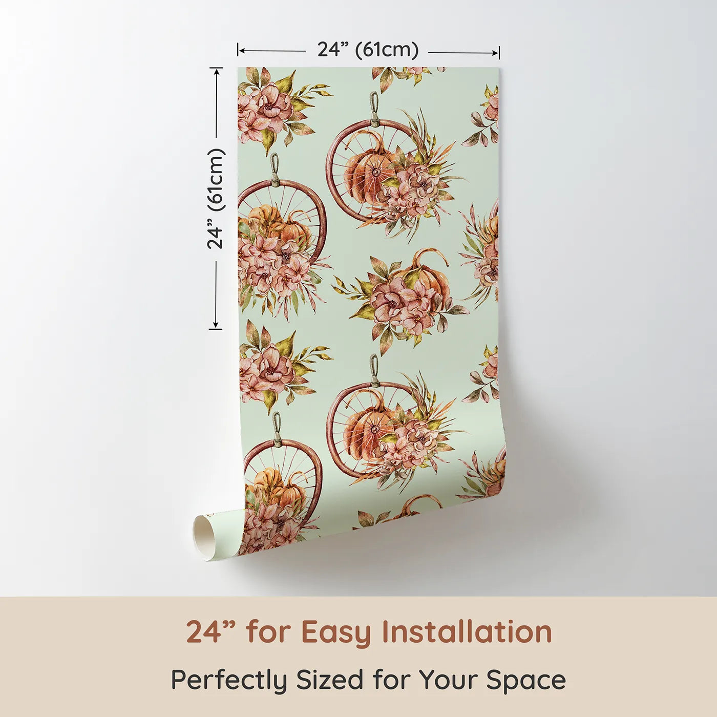Dimension view of Whimsy Tots Harvest Bloom Hoop Wallpaper in Sage Green (W3367D). Printed in 24-inch-wide panel for easy installation. Pumpkins and blooms drift across a fresh sage green sky.