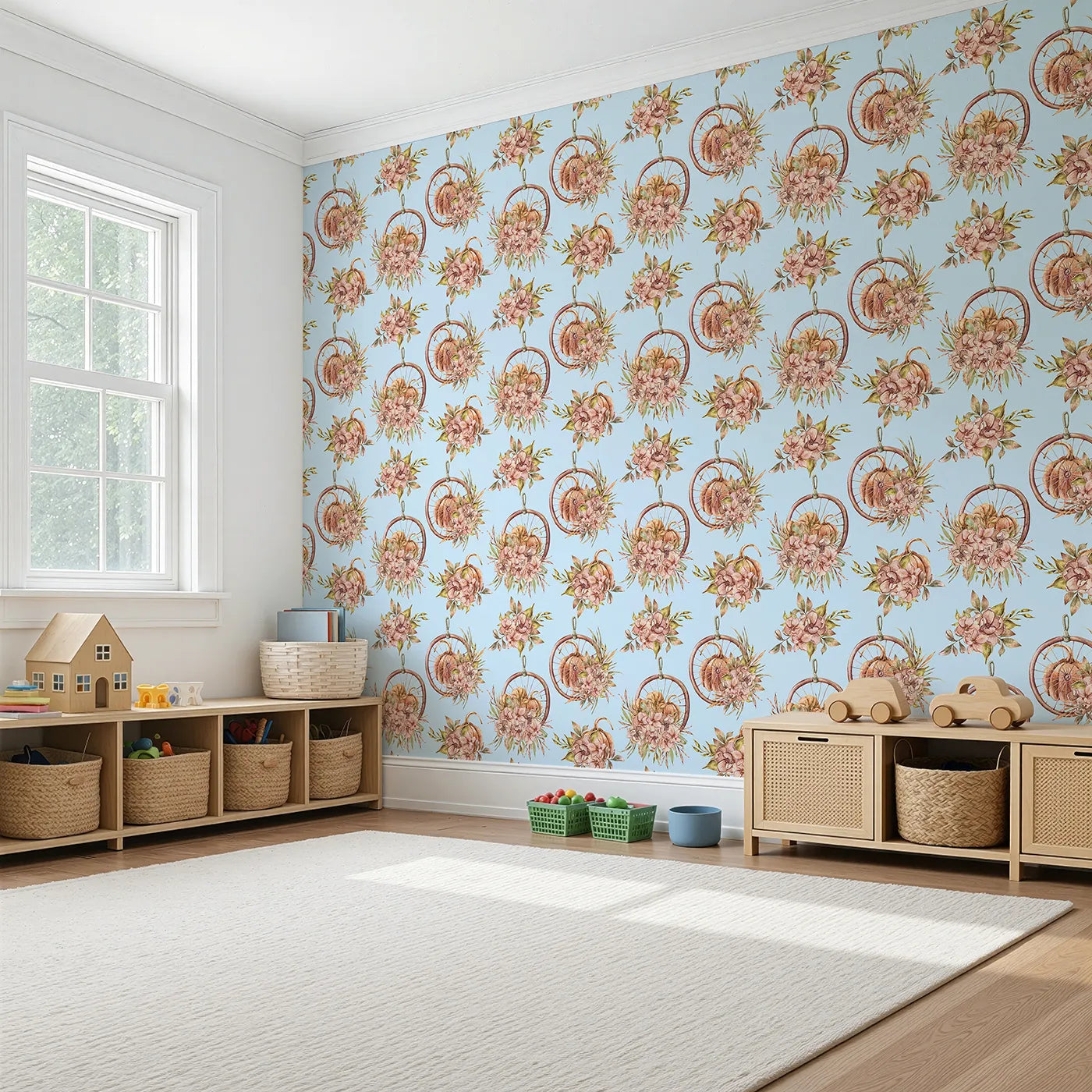 Angled view of Whimsy Tots' Harvest Bloom Hoop Wallpaper in Blue (W3367E).Pumpkins and florals bloom gently across a peaceful blue sky.
