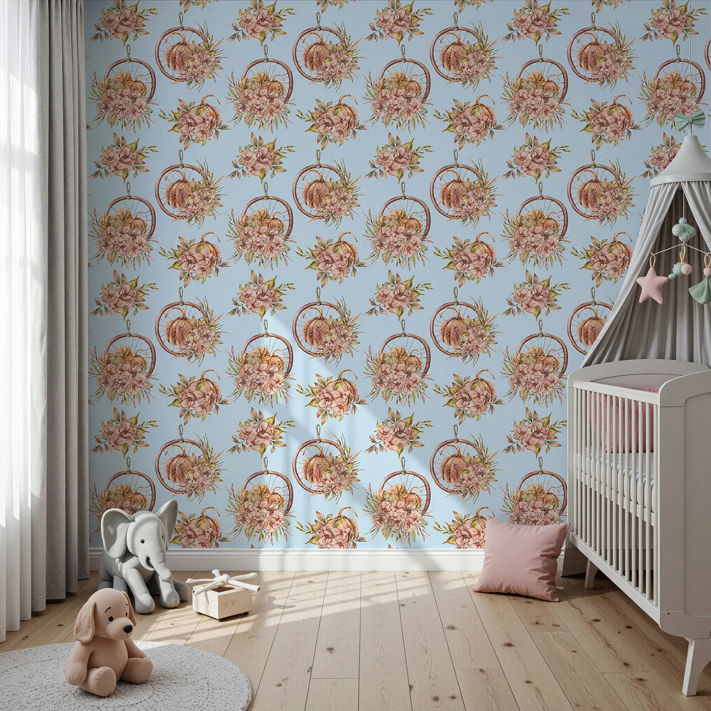 Front view of Whimsy Tots' Harvest Bloom Hoop Wallpaper in Blue