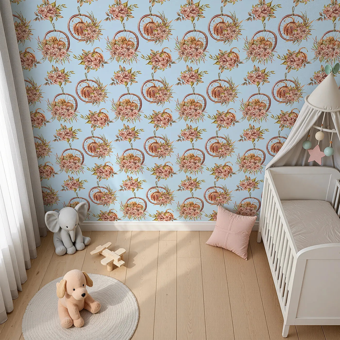 Top-Down view of Whimsy Tots' Harvest Bloom Hoop Wallpaper in Blue (W3367E).Pumpkins and florals bloom gently across a peaceful blue sky.