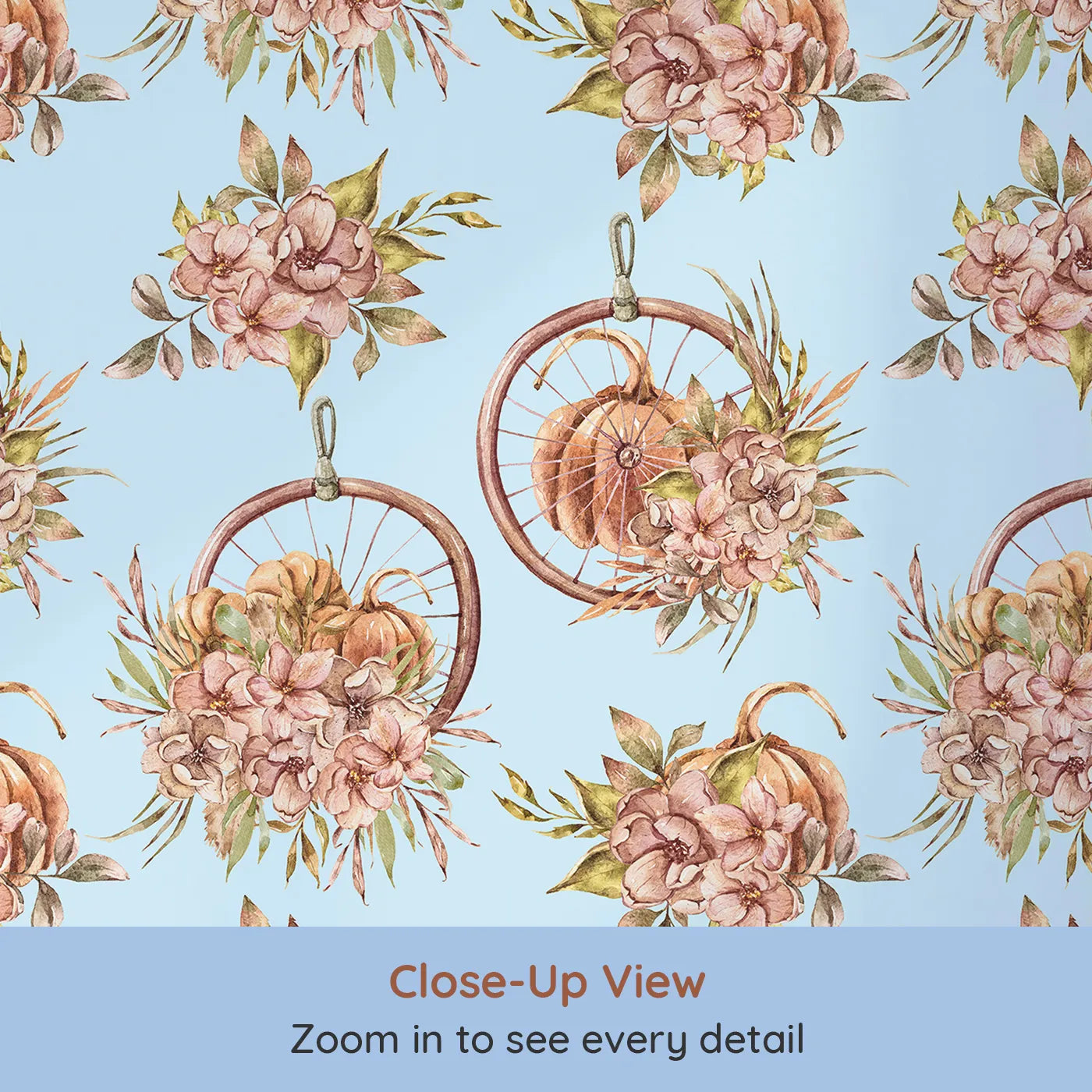 Close-up view of Whimsy Tots' Harvest Bloom Hoop Wallpaper in Blue (W3367E).Pumpkins and florals bloom gently across a peaceful blue sky.