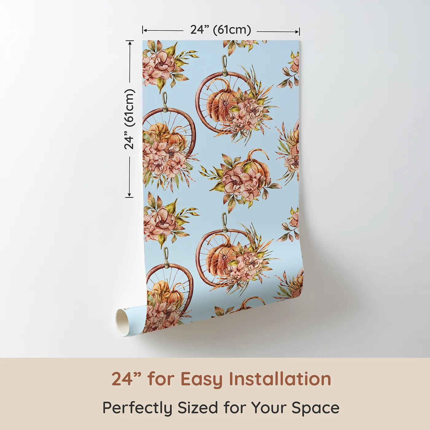 Dimension view of Whimsy Tots Harvest Bloom Hoop Wallpaper in Blue (W3367E). Printed in 24-inch-wide panel for easy installation. Pumpkins and florals bloom gently across a peaceful blue sky.