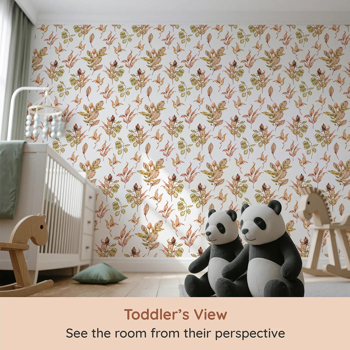 Whimsy Tots Autumn Forage Garden Wallpaper in White (W3368A) from your child's view.Fall branches and pods scatter softly across a crisp white sky.