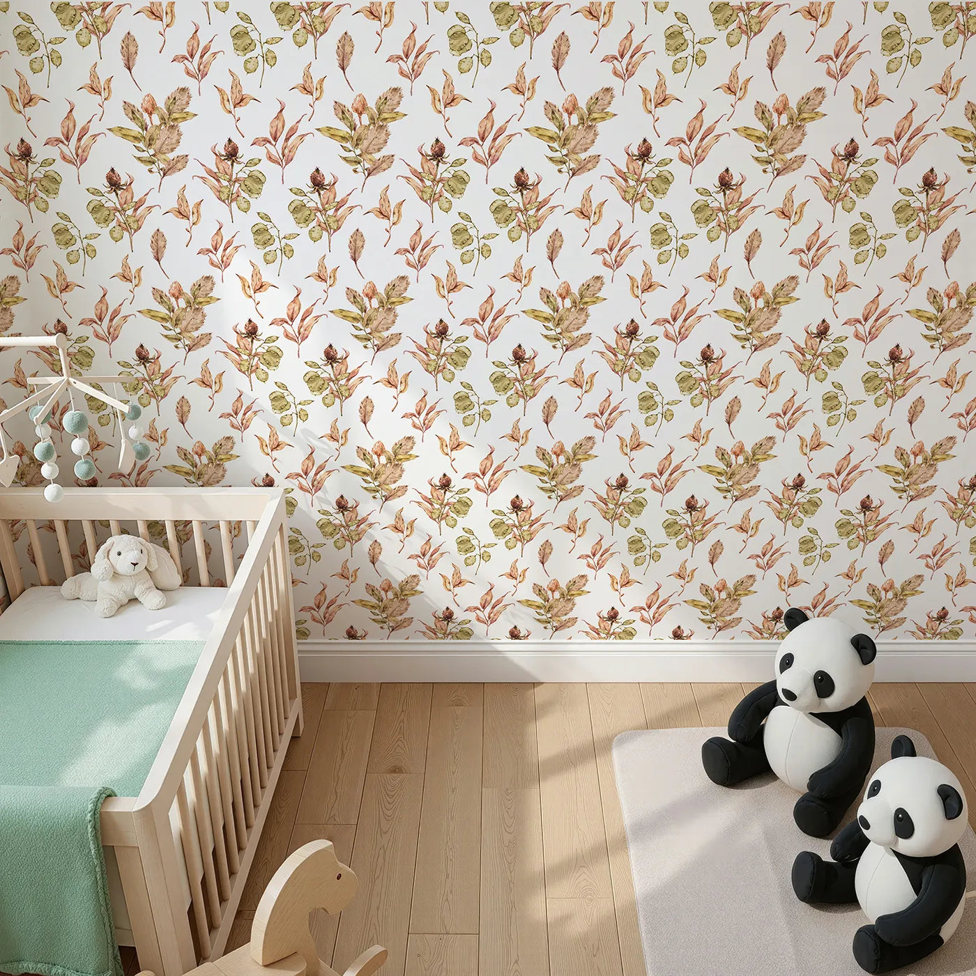Top-Down view of Whimsy Tots' Autumn Forage Garden Wallpaper in White (W3368A).Fall branches and pods scatter softly across a crisp white sky.