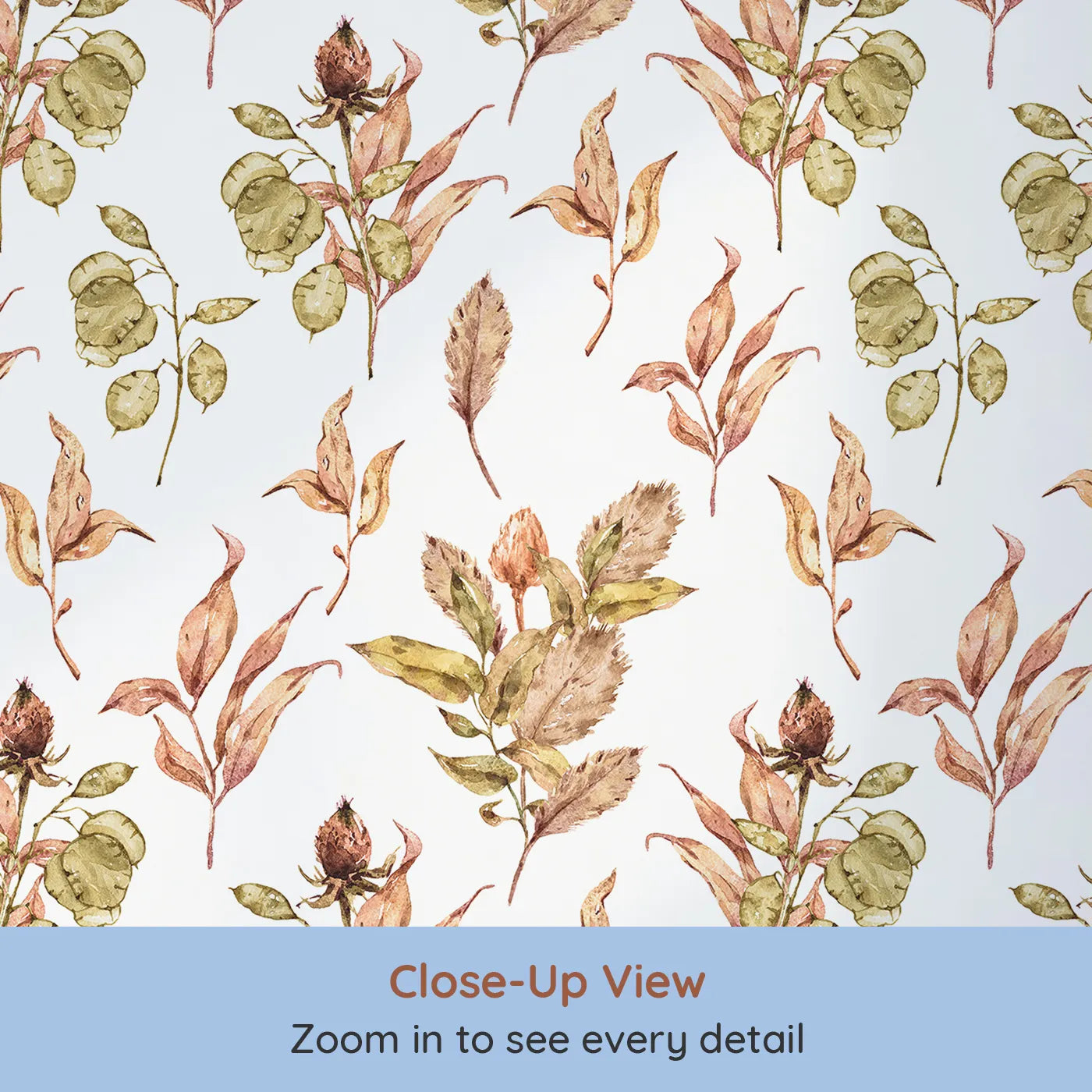 Close-up view of Whimsy Tots' Autumn Forage Garden Wallpaper in White (W3368A).Fall branches and pods scatter softly across a crisp white sky.