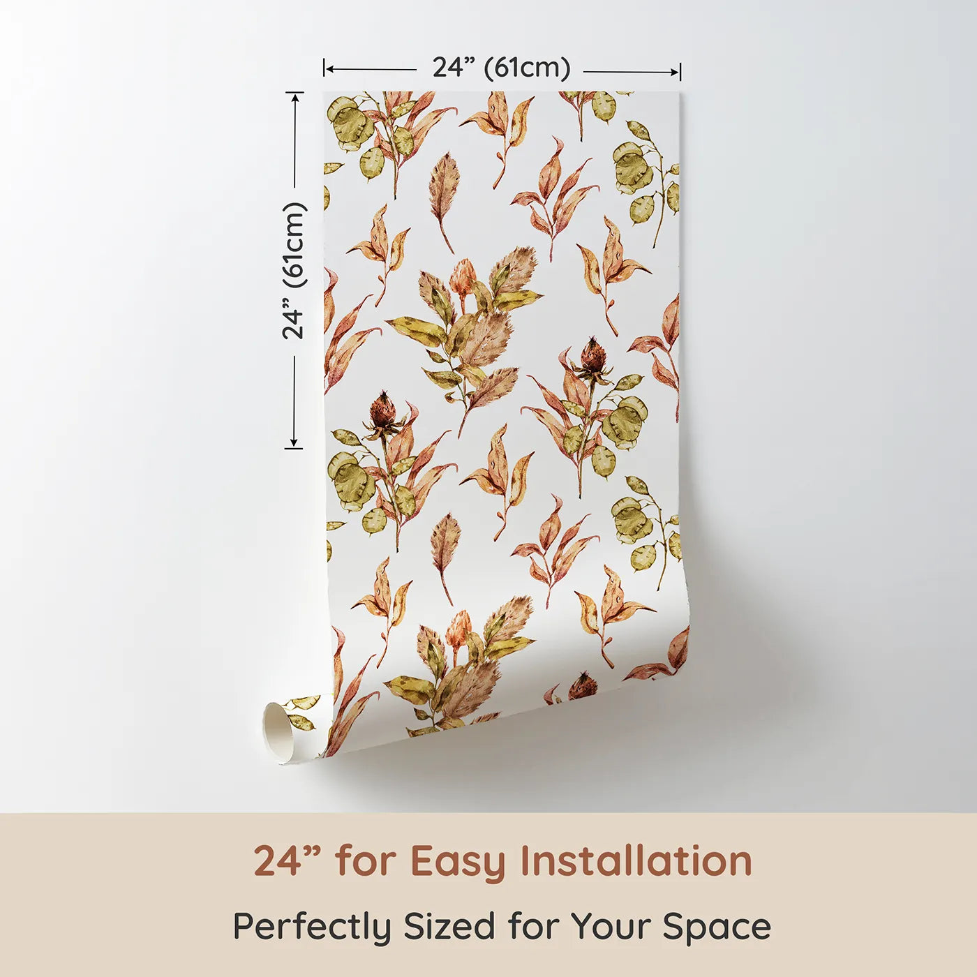 Dimension view of Whimsy Tots Autumn Forage Garden Wallpaper in White (W3368A). Printed in 24-inch-wide panel for easy installation. Fall branches and pods scatter softly across a crisp white sky.