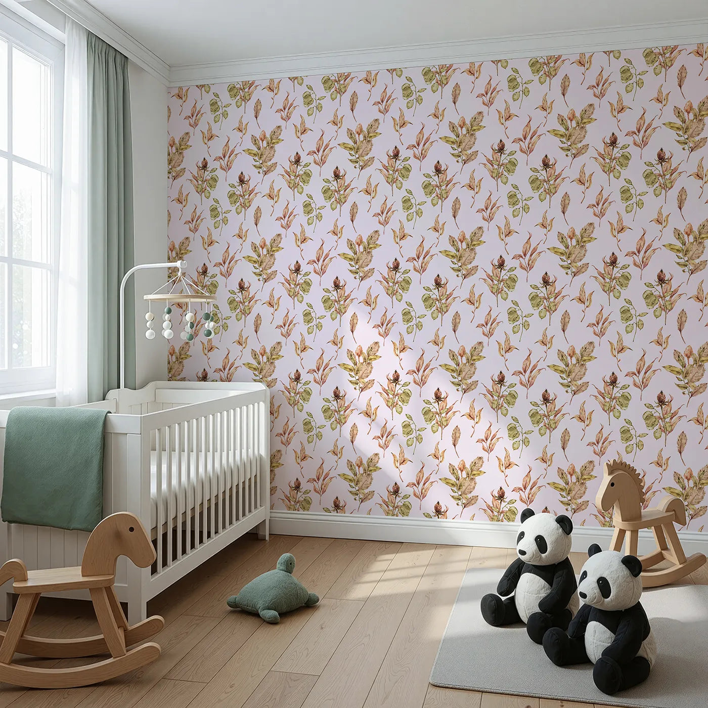 Angled view of Whimsy Tots' Autumn Forage Garden Wallpaper in Blush Pink (W3368B).Fallen leaves and pods drift gently across a soft blush sky.