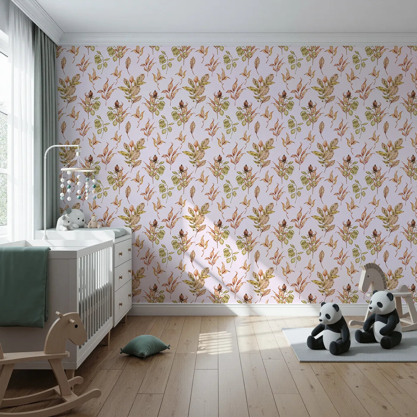 Front view of Whimsy Tots' Autumn Forage Garden Wallpaper in Blush Pink