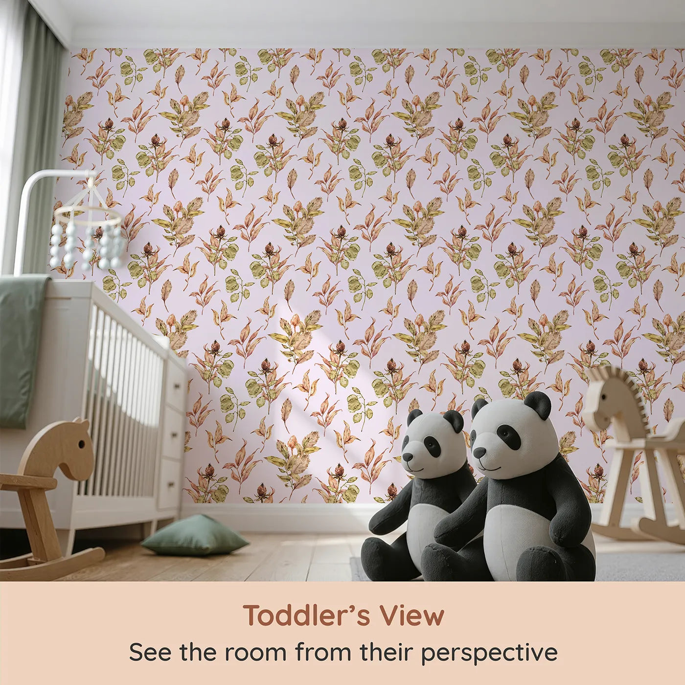 Whimsy Tots Autumn Forage Garden Wallpaper in Blush Pink (W3368B) from your child's view.Fallen leaves and pods drift gently across a soft blush sky.