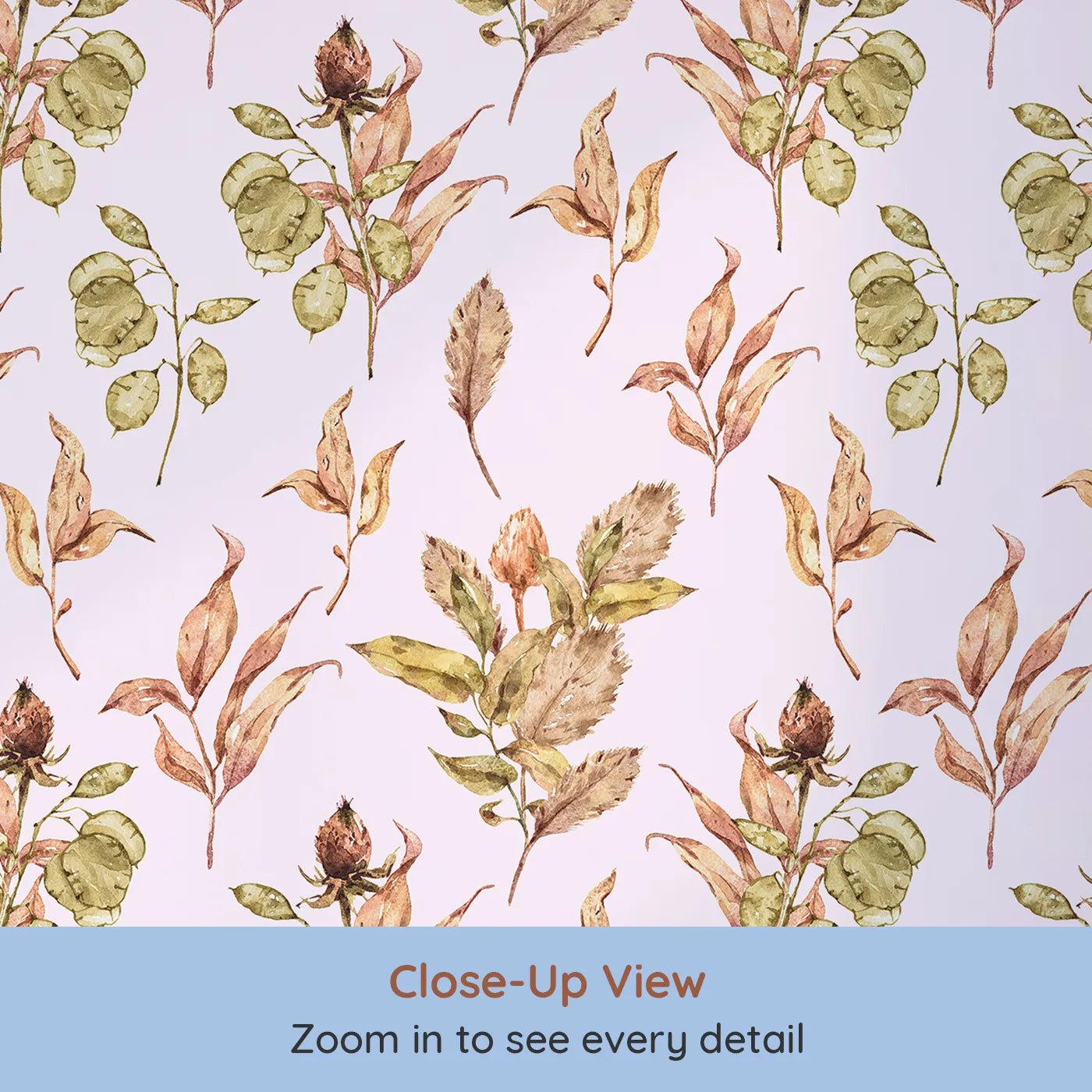 Close-up view of Whimsy Tots' Autumn Forage Garden Wallpaper in Blush Pink (W3368B).Fallen leaves and pods drift gently across a soft blush sky.