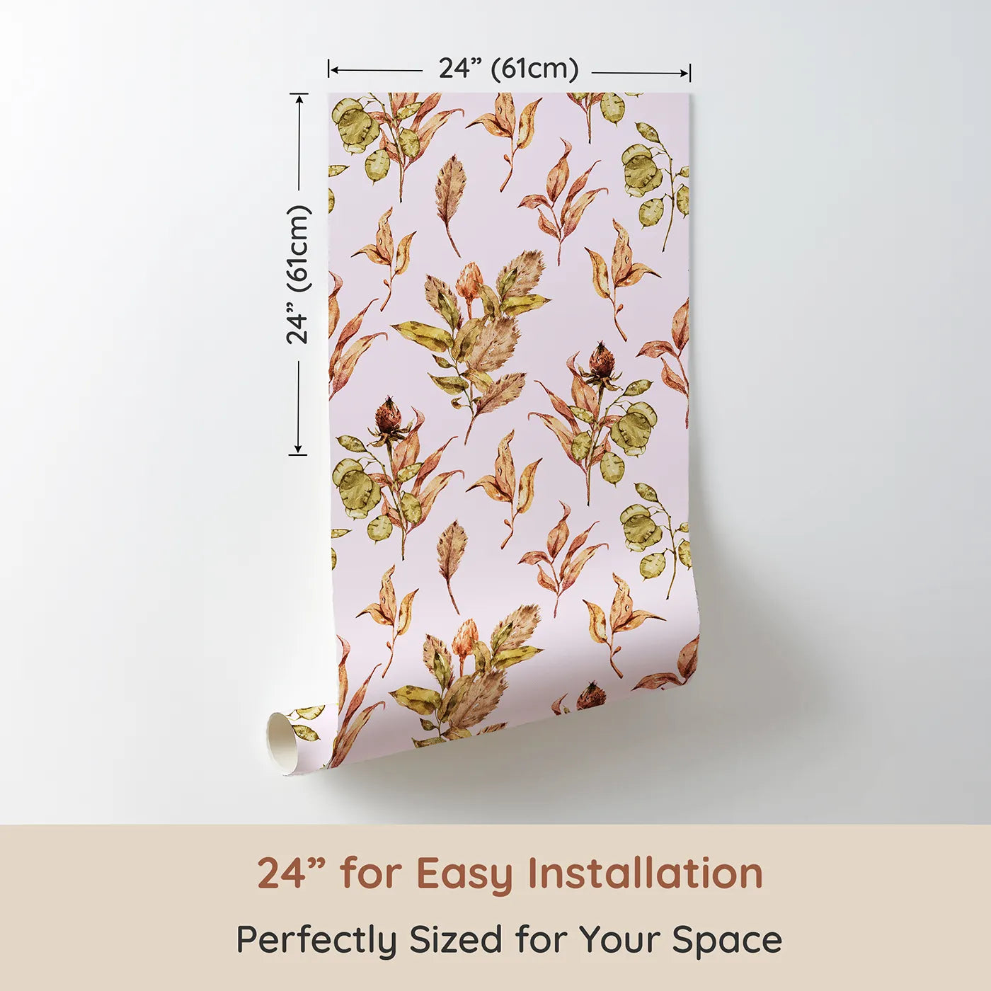 Dimension view of Whimsy Tots Autumn Forage Garden Wallpaper in Blush Pink (W3368B). Printed in 24-inch-wide panel for easy installation. Fallen leaves and pods drift gently across a soft blush sky.