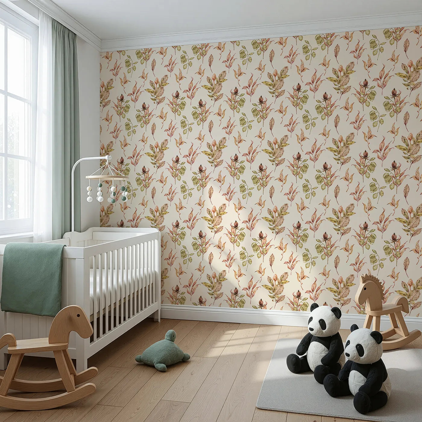 Angled view of Whimsy Tots' Autumn Forage Garden Wallpaper in Taupe Beige (W3368C).Fallen leaves and seed pods float gently on a warm taupe sky.