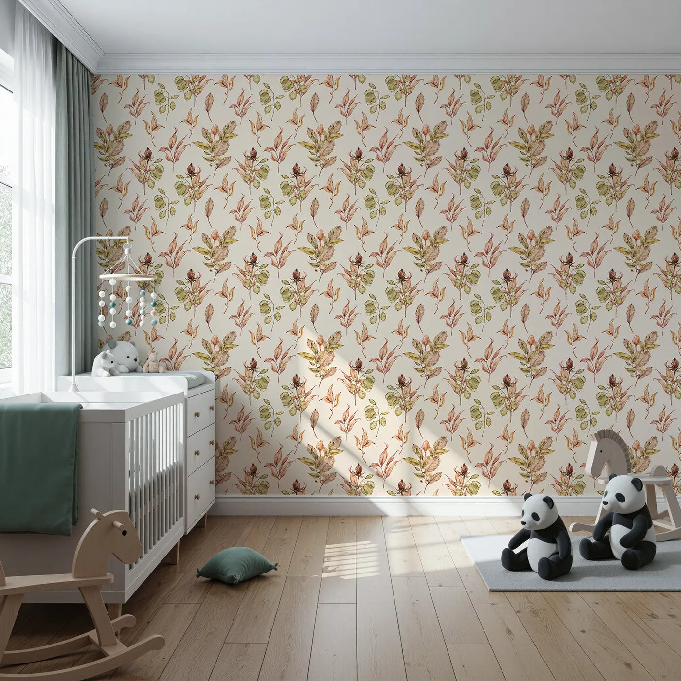Front view of Whimsy Tots' Autumn Forage Garden Wallpaper in Taupe Beige