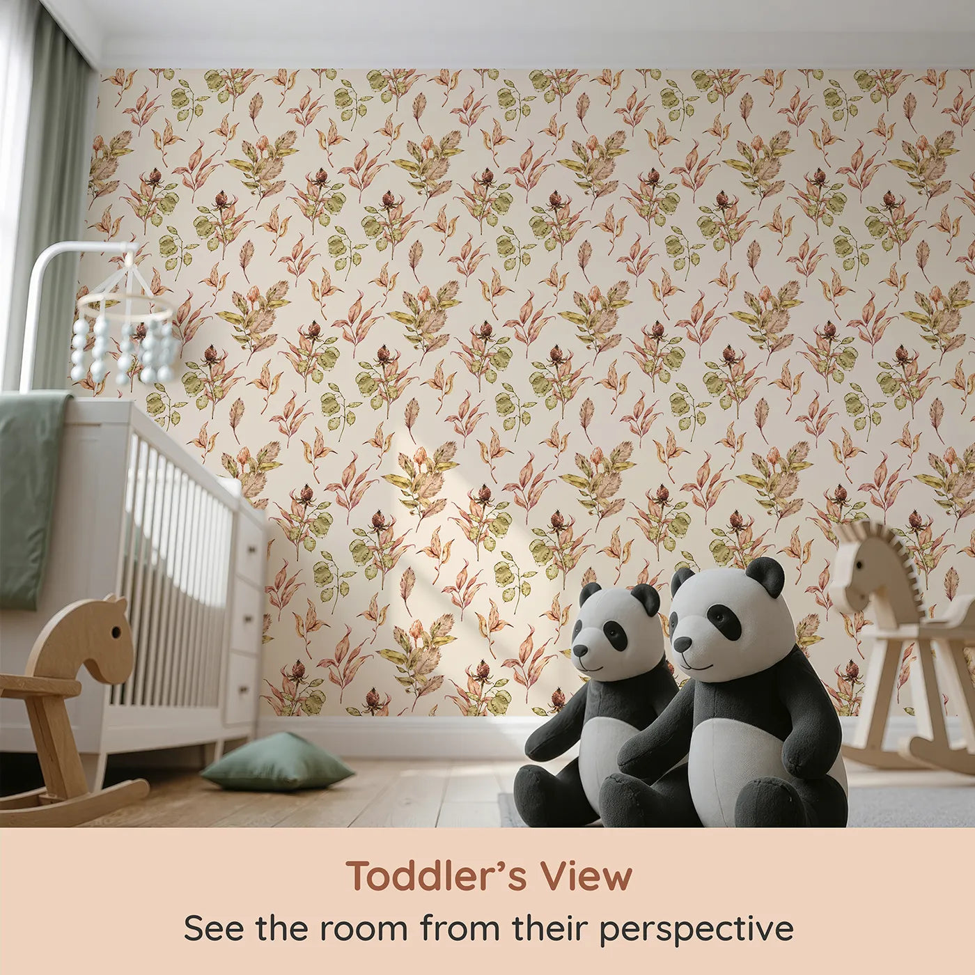 Whimsy Tots Autumn Forage Garden Wallpaper in Taupe Beige (W3368C) from your child's view.Fallen leaves and seed pods float gently on a warm taupe sky.
