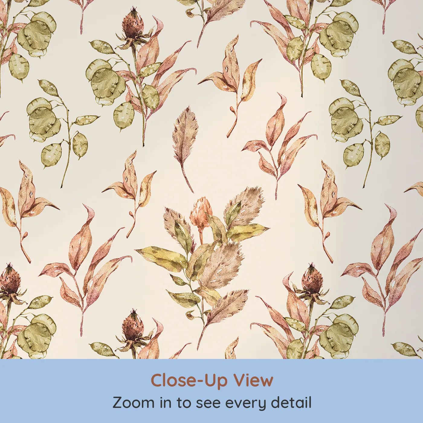 Close-up view of Whimsy Tots' Autumn Forage Garden Wallpaper in Taupe Beige (W3368C).Fallen leaves and seed pods float gently on a warm taupe sky.
