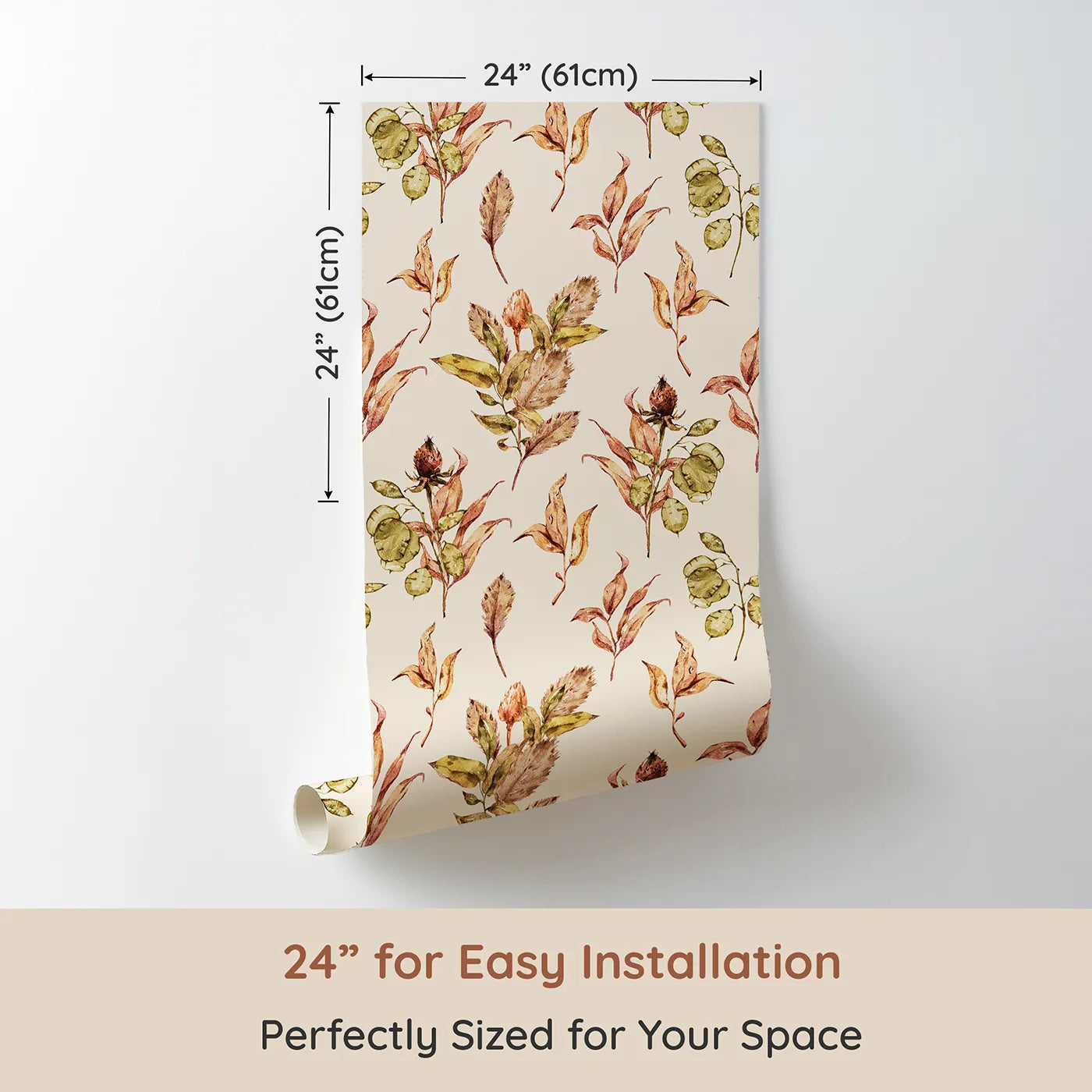 Dimension view of Whimsy Tots Autumn Forage Garden Wallpaper in Taupe Beige (W3368C). Printed in 24-inch-wide panel for easy installation. Fallen leaves and seed pods float gently on a warm taupe sky.