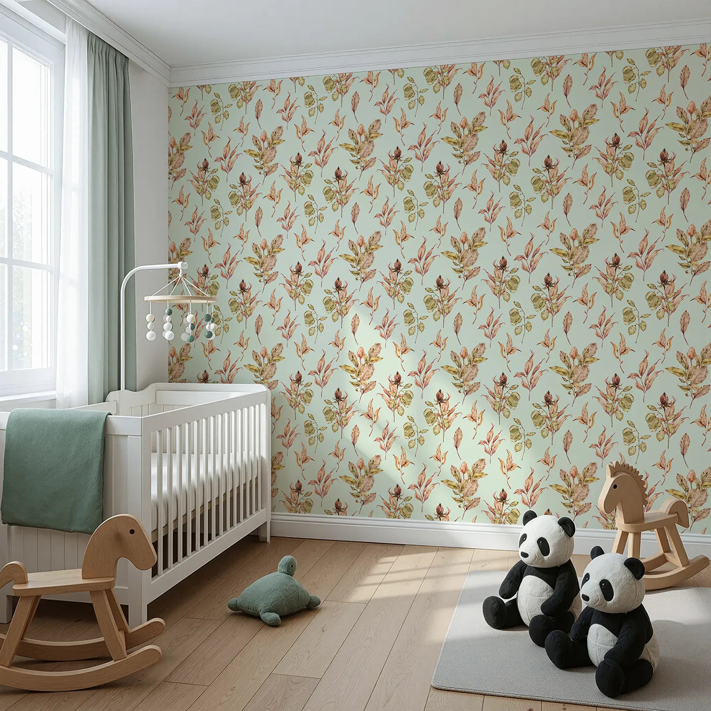 Angled view of Whimsy Tots' Autumn Forage Garden Wallpaper in Mint Green (W3368D).Fallen leaves and pods scatter softly on a gentle mint breeze.
